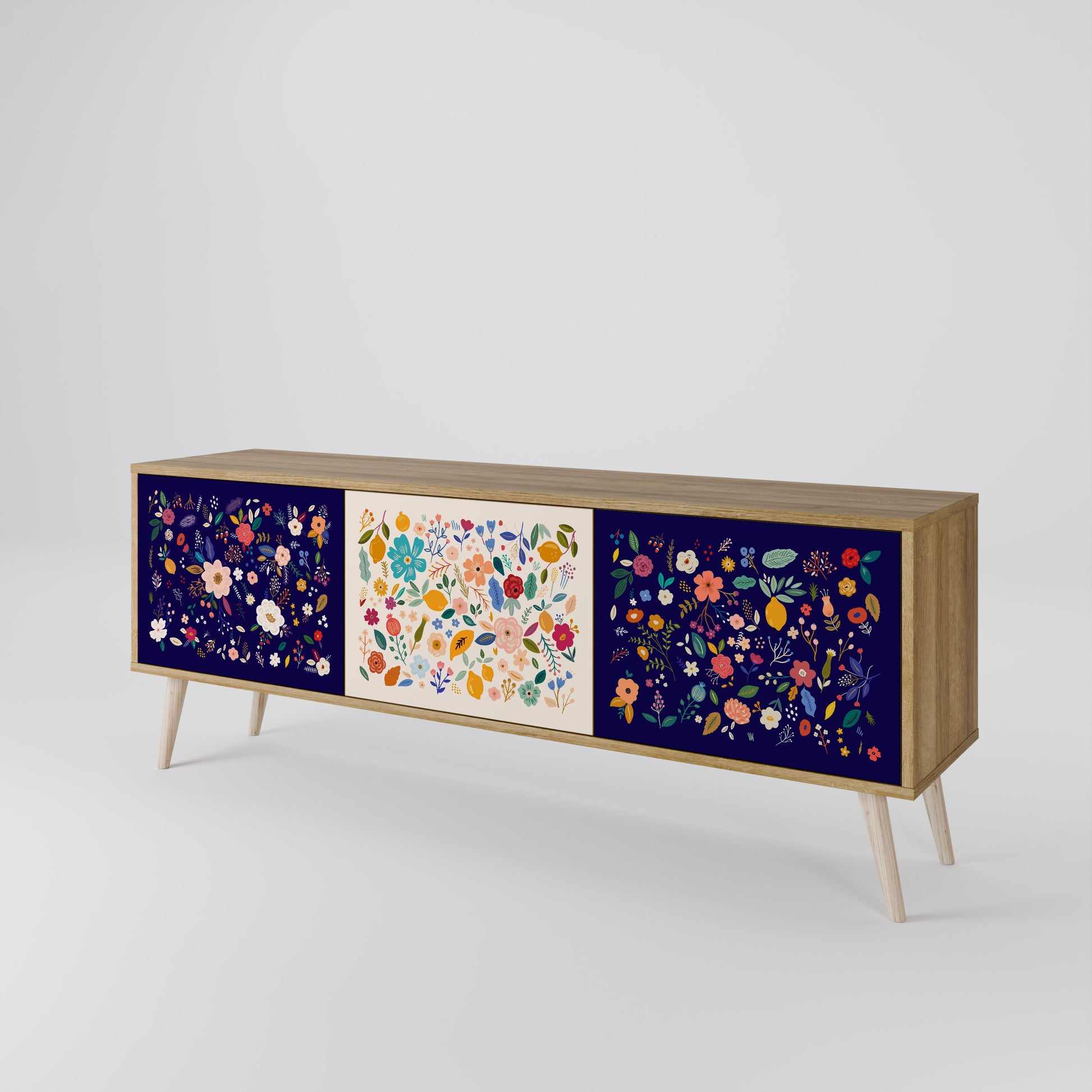 FLORAL COMBINATION 3-Door TV Stand in Oak Effect