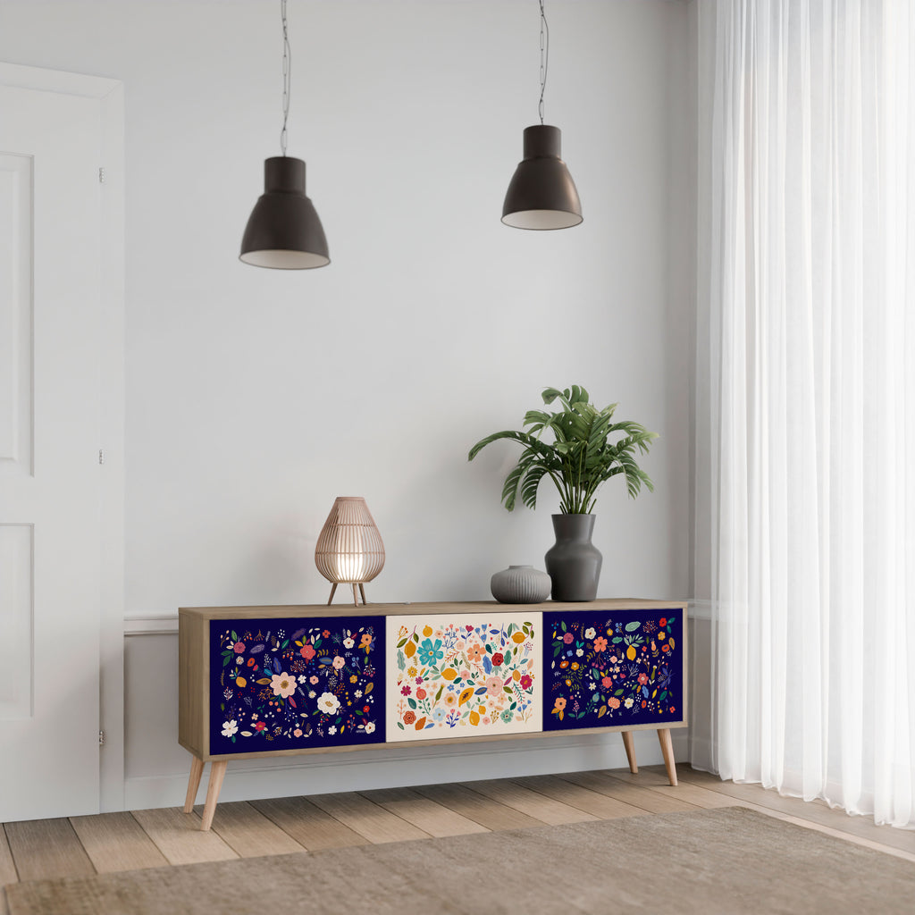 FLORAL COMBINATION 3-Door TV Stand in Oak Effect