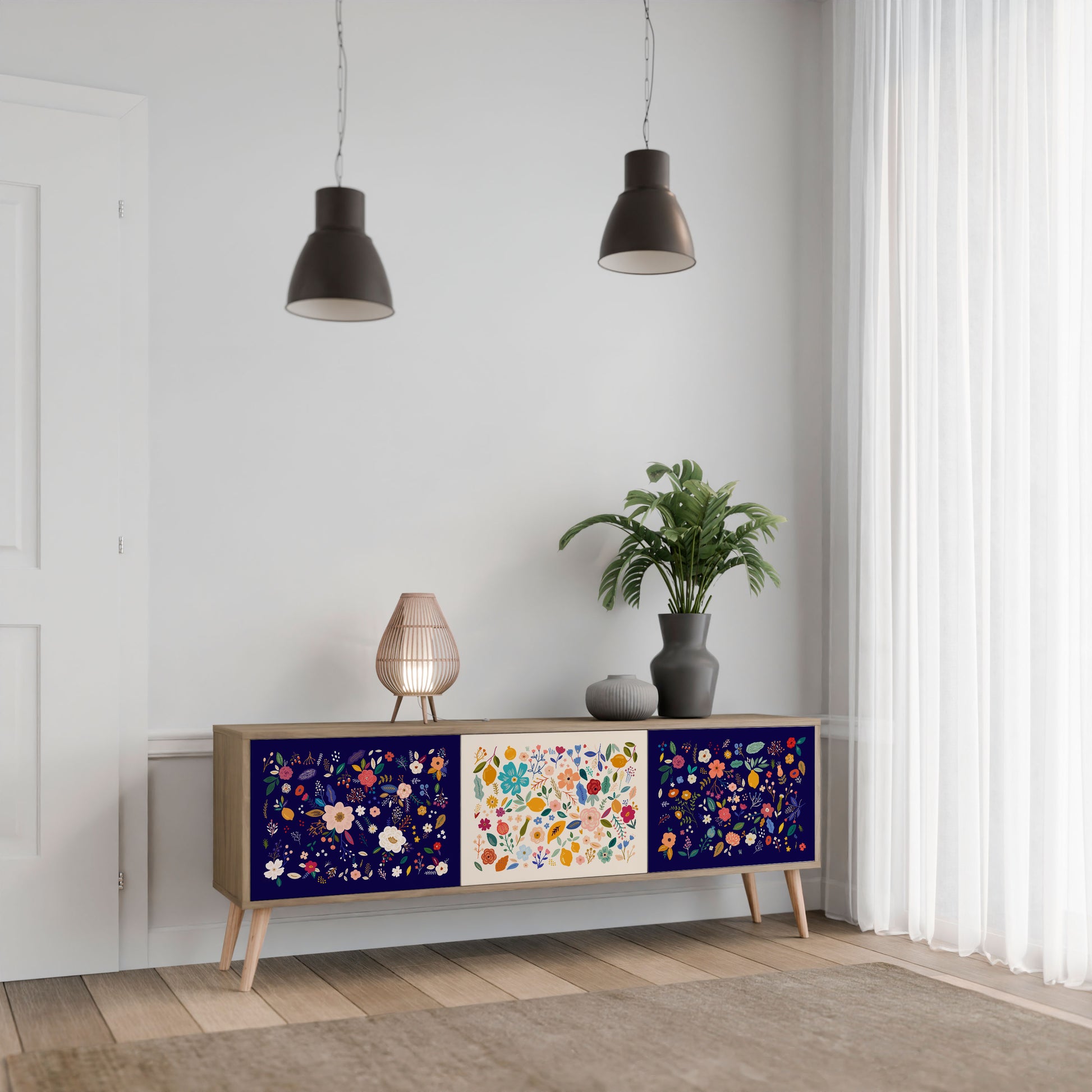 FLORAL COMBINATION 3-Door TV Stand in Oak Effect