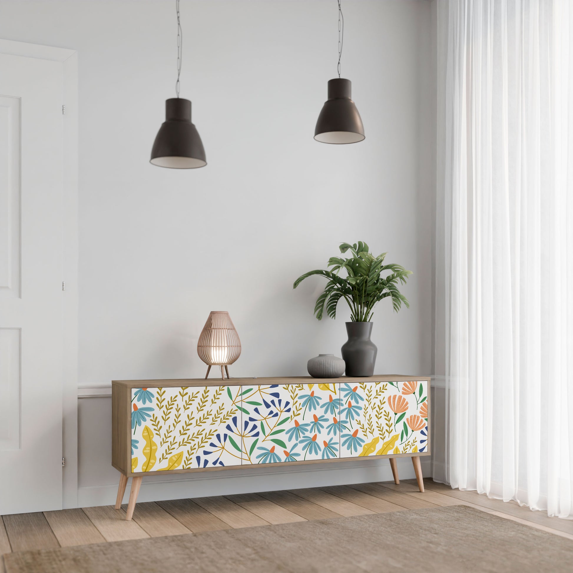 HELLO SPRING 3-Door TV Stand in Oak Effect
