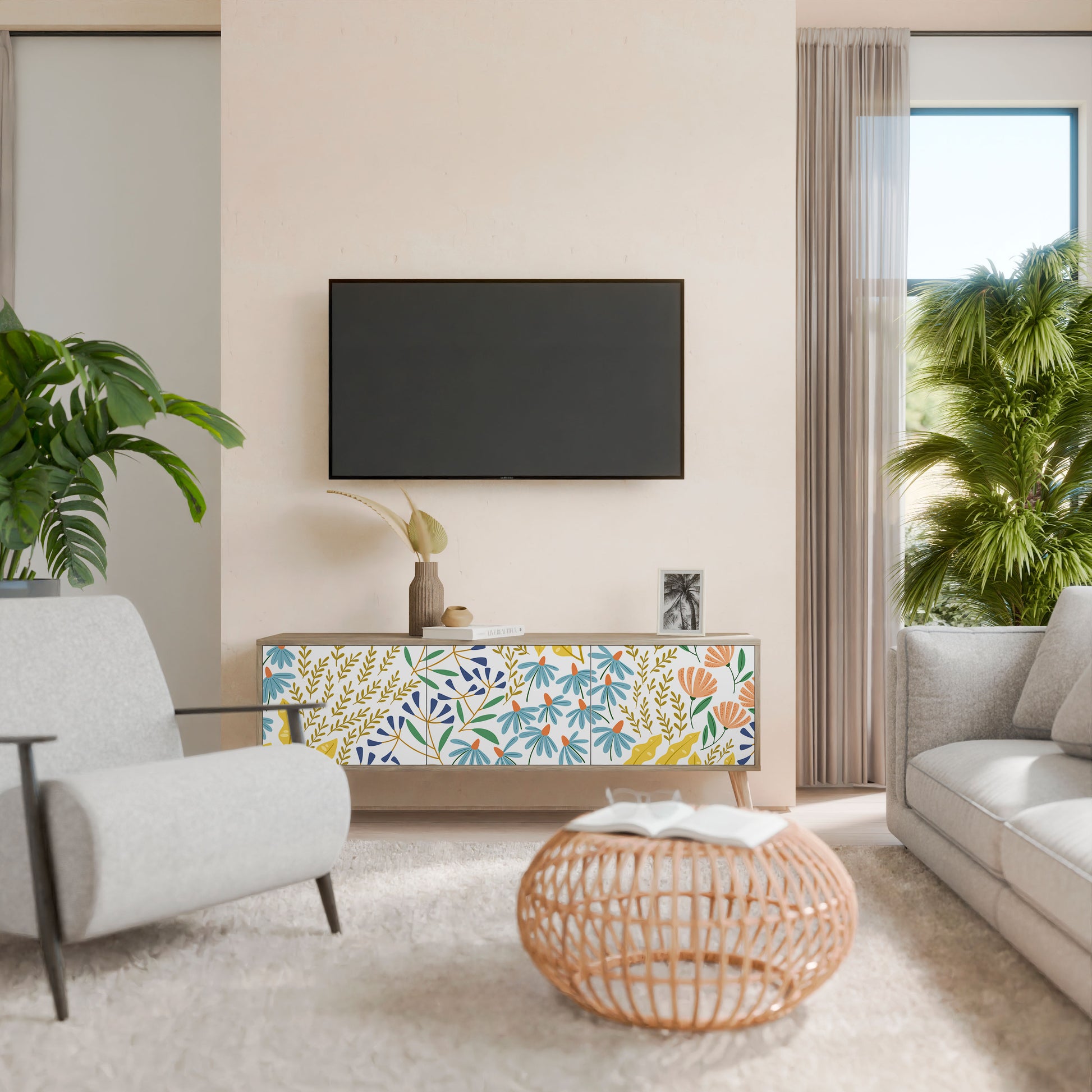 HELLO SPRING 3-Door TV Stand in Oak Effect