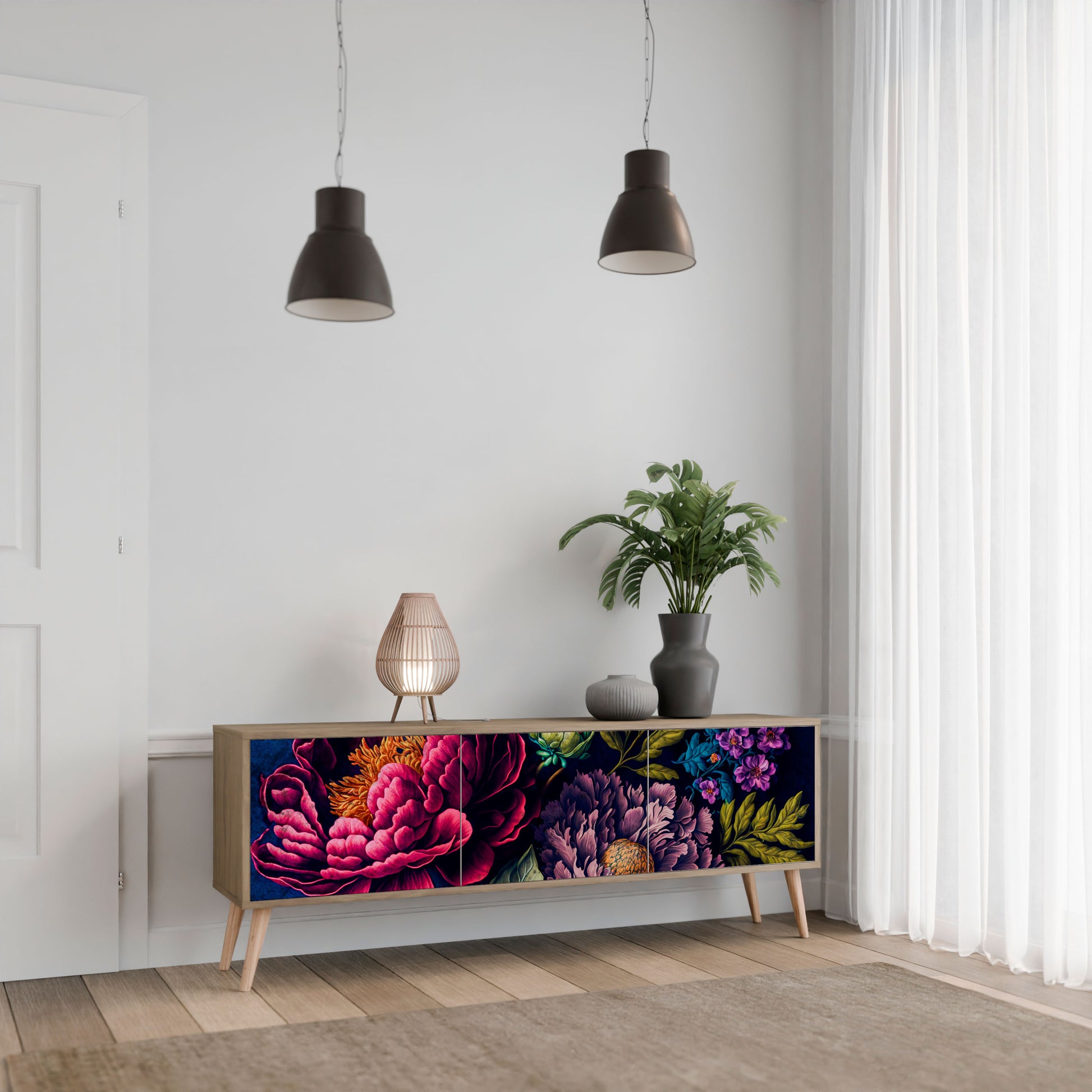 BLOOMING ELEGANCE 3-Door TV Stand in Oak Effect