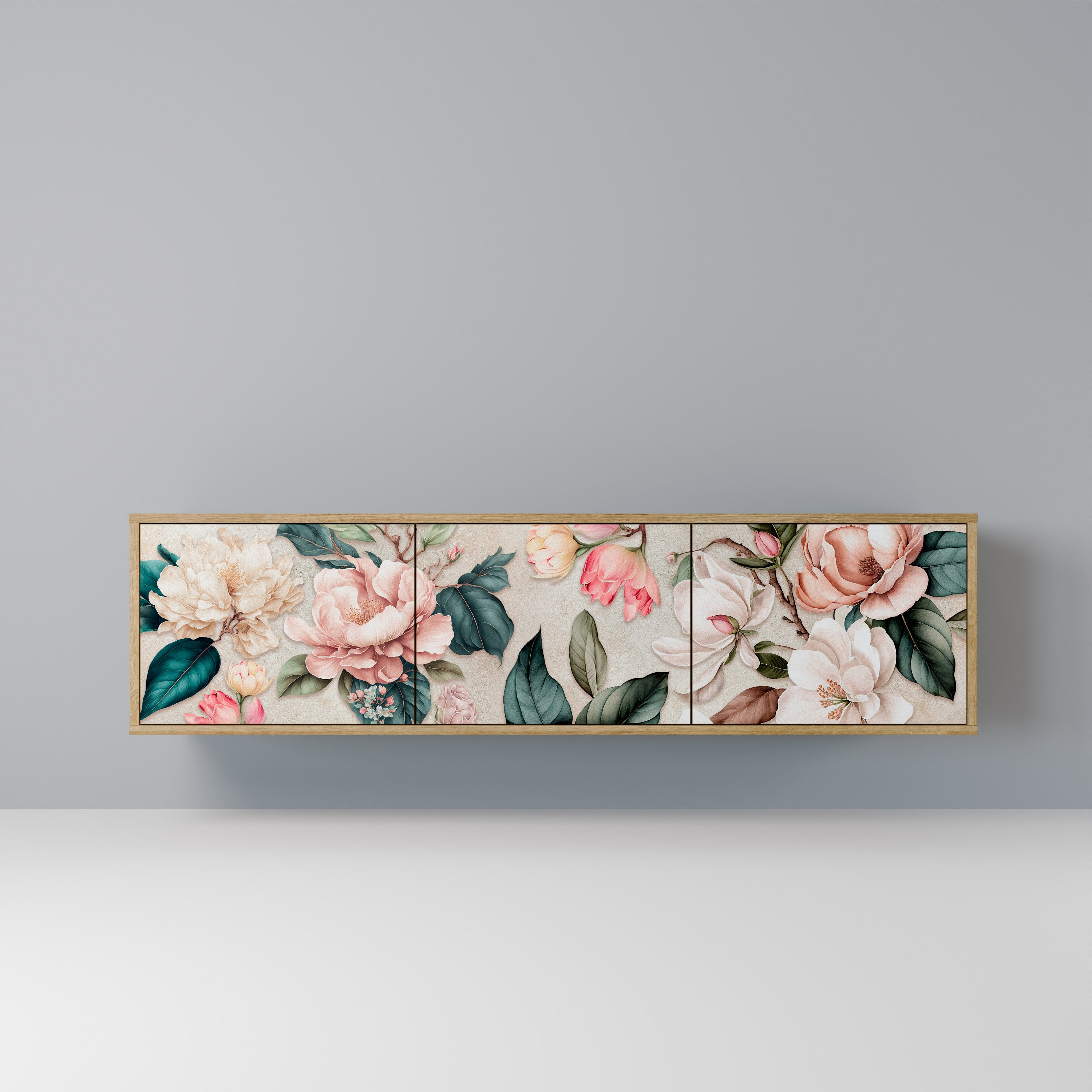 FLORAL GRACE 3-Door TV Stand in Oak Effect