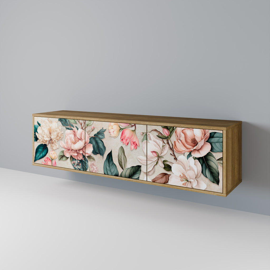 FLORAL GRACE 3-Door TV Stand in Oak Effect
