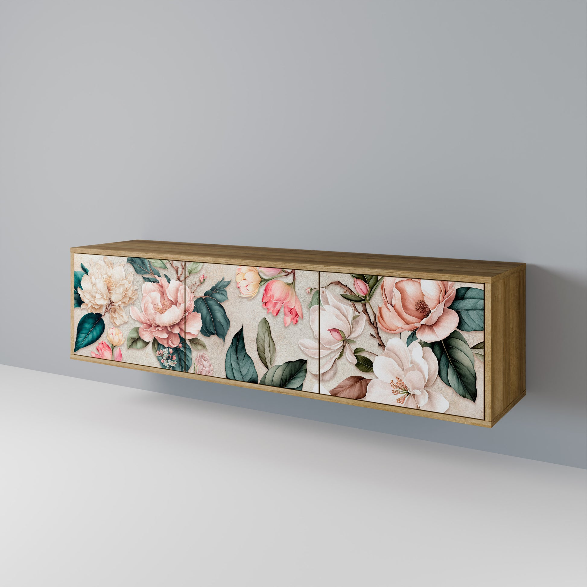 FLORAL GRACE 3-Door TV Stand in Oak Effect