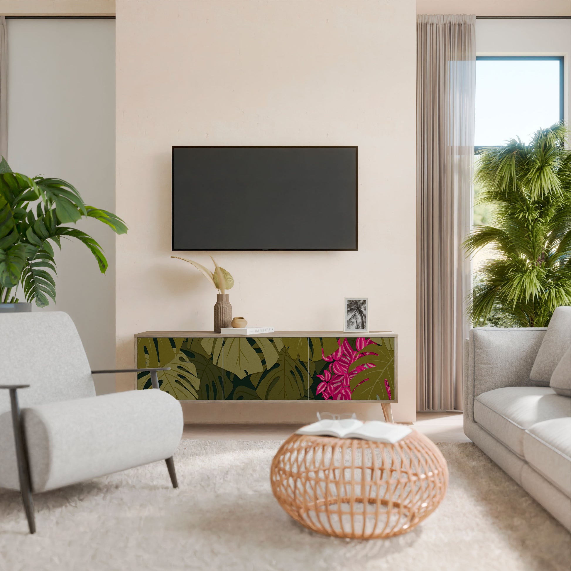 TROPICAL BEAUTY 3-Door TV Stand in Oak Effect