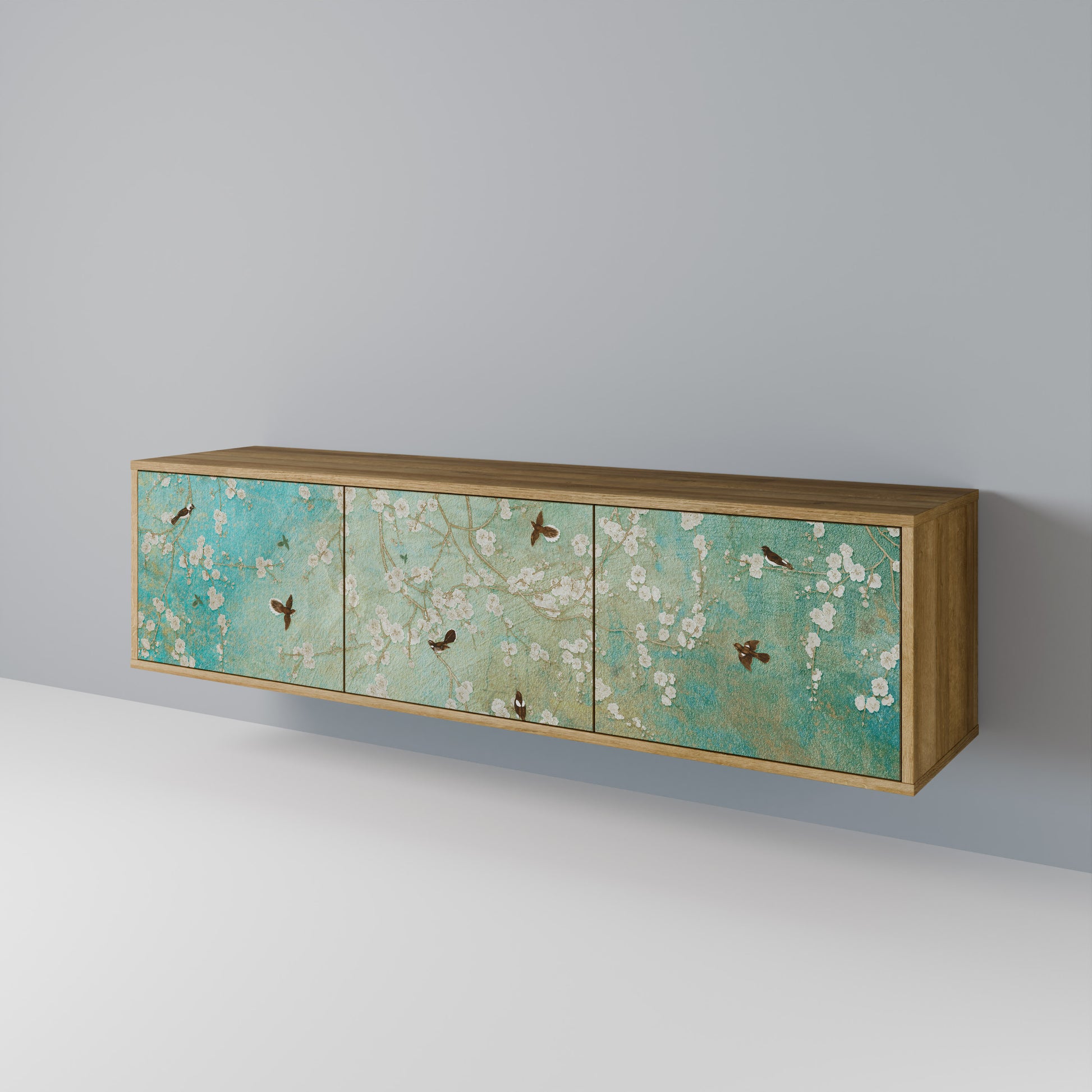 BLOOMING CHARM 3-Door TV Stand in Oak Effect