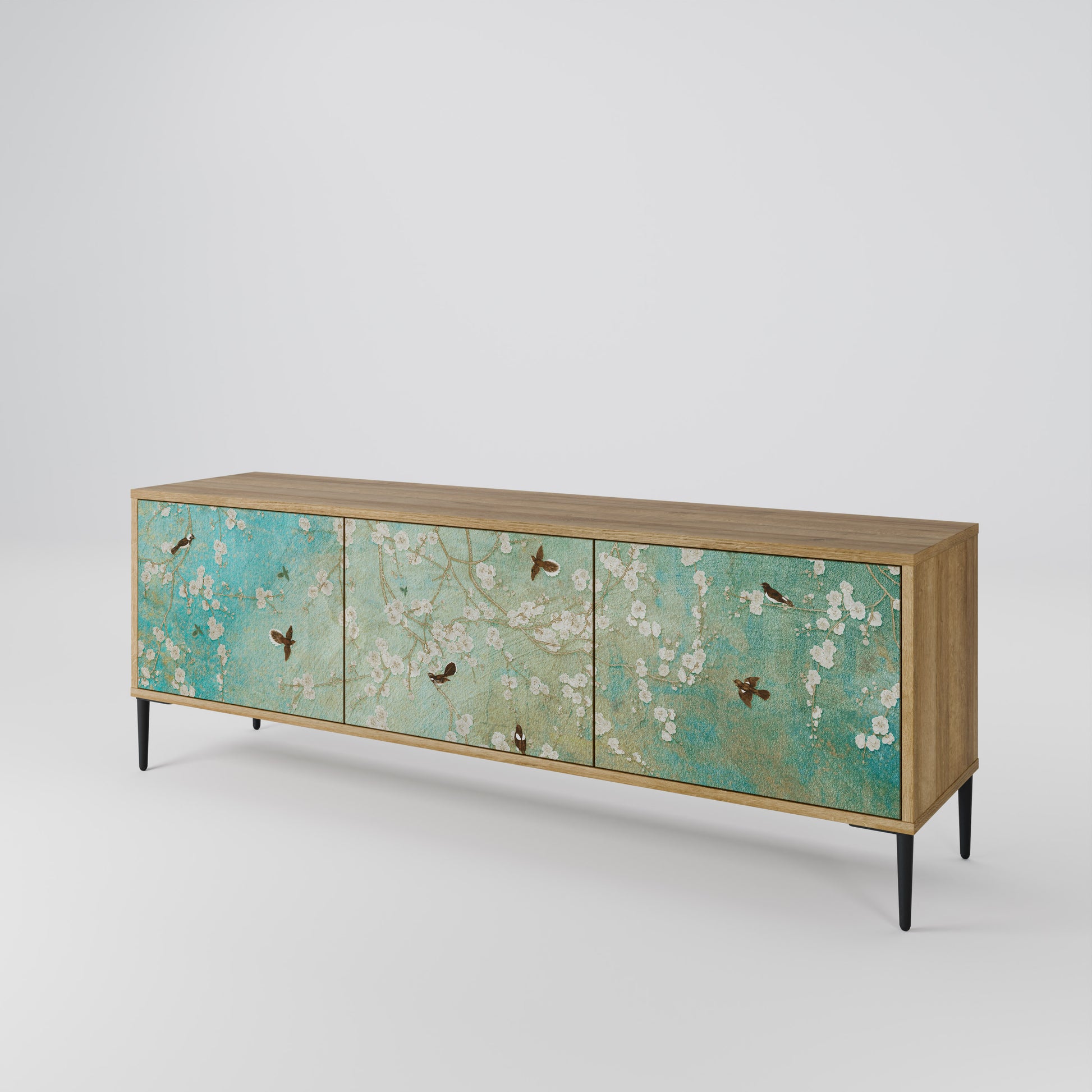 BLOOMING CHARM 3-Door TV Stand in Oak Effect