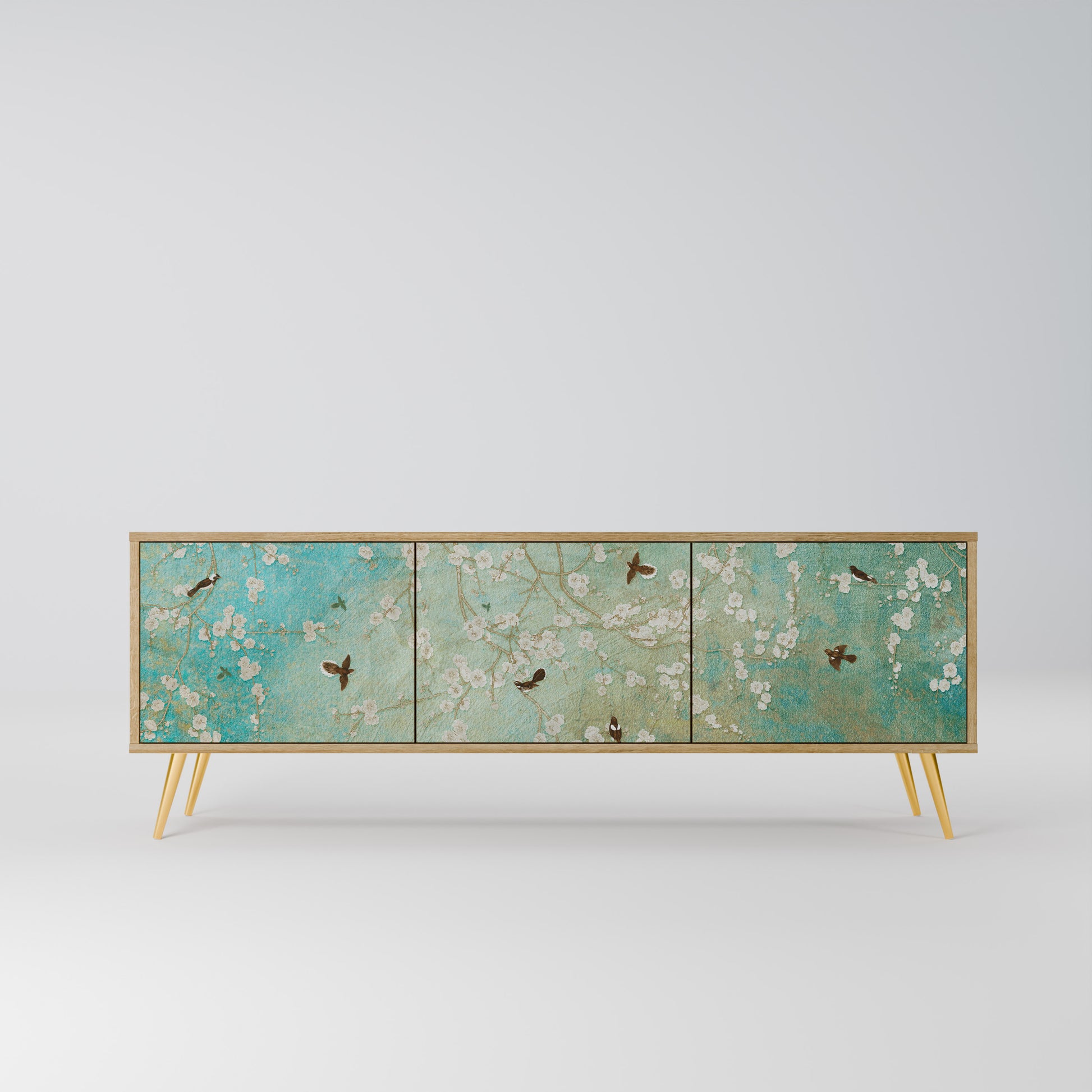 BLOOMING CHARM 3-Door TV Stand in Oak Effect
