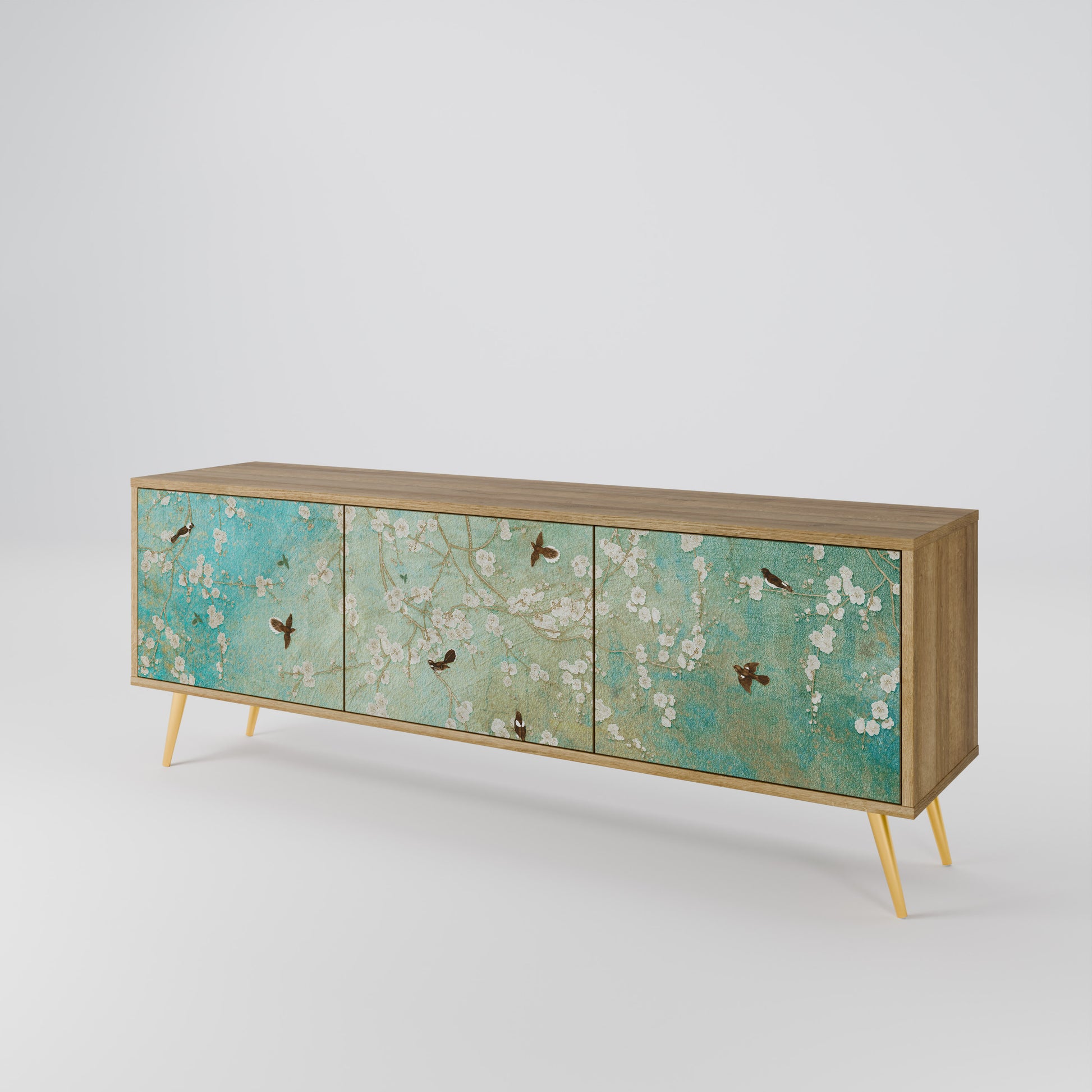 BLOOMING CHARM 3-Door TV Stand in Oak Effect