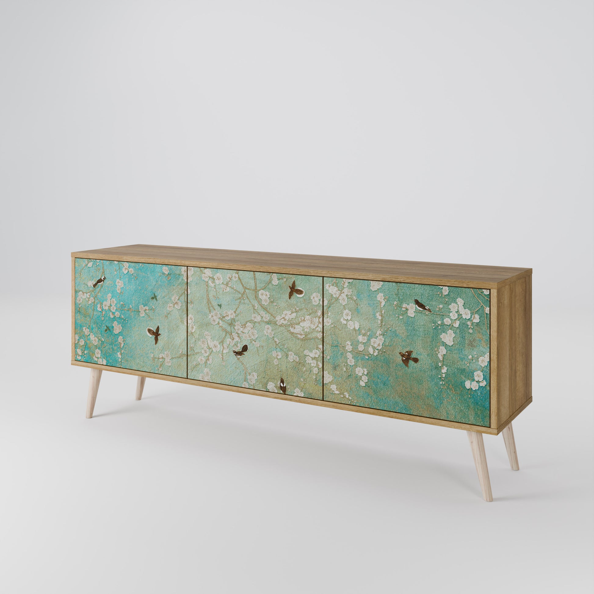 BLOOMING CHARM 3-Door TV Stand in Oak Effect