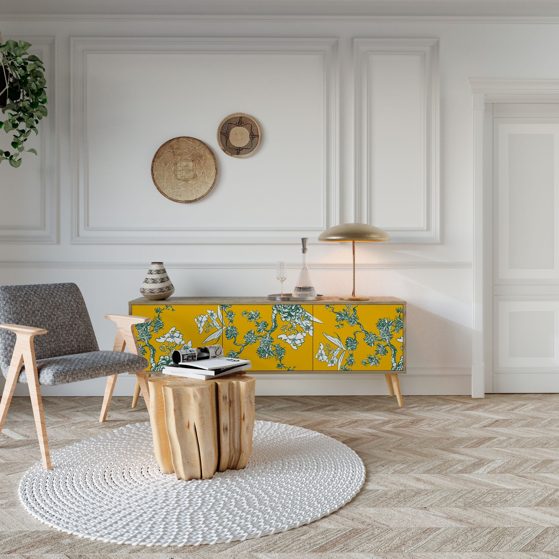 YELLOW CHINOISERIE 3-Door TV Stand in Oak Effect