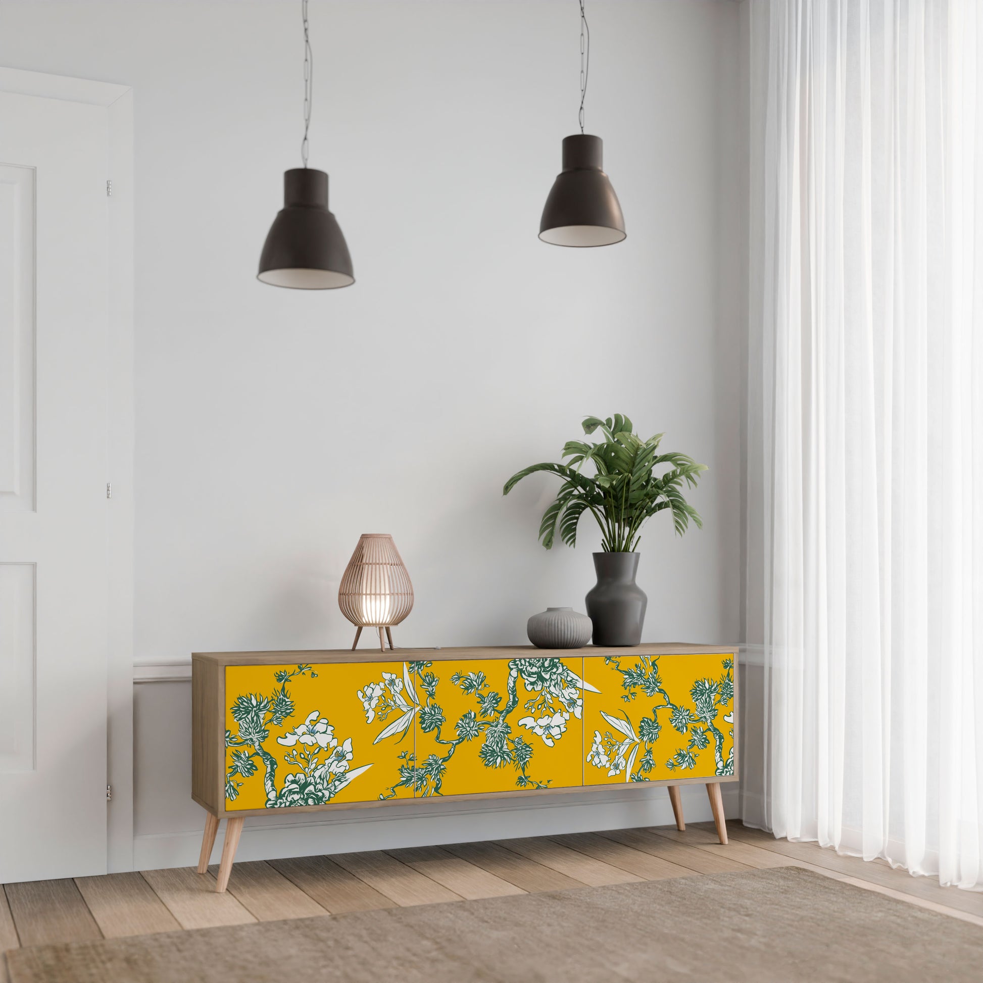 YELLOW CHINOISERIE 3-Door TV Stand in Oak Effect