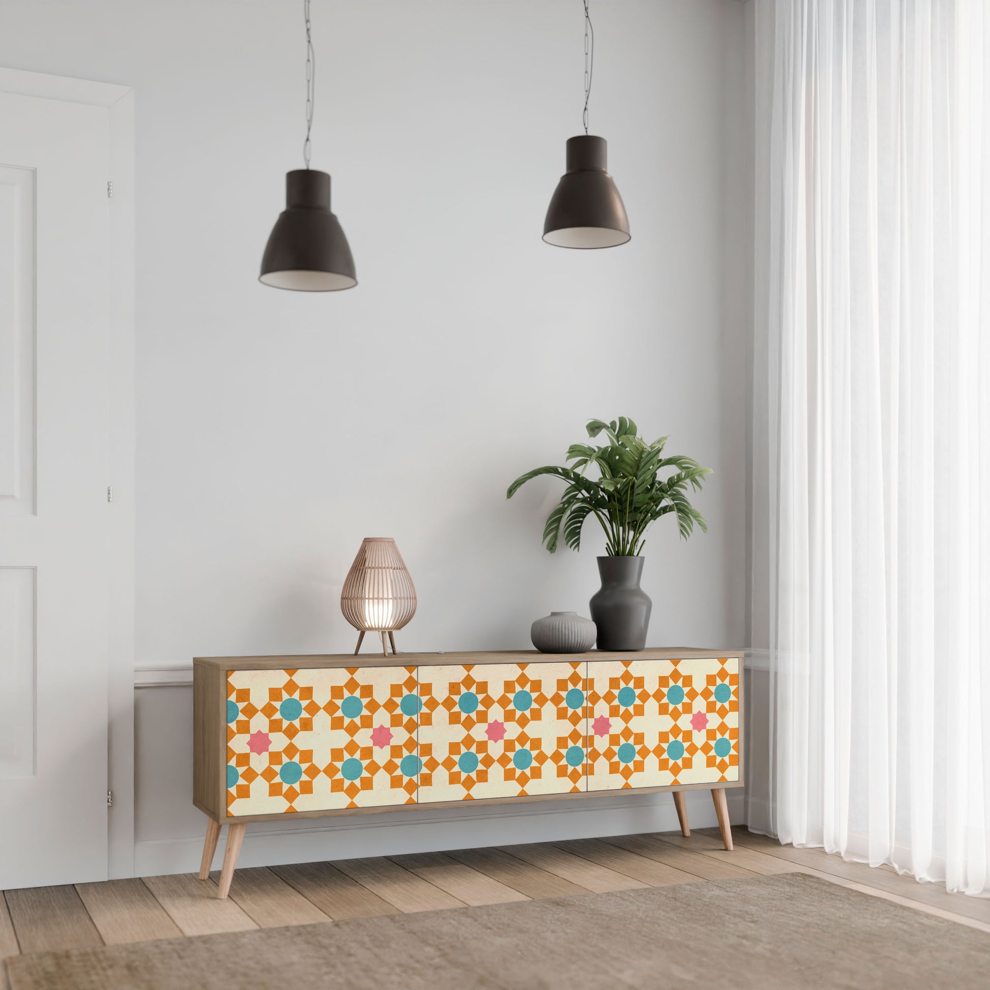FLORAL DECOR 3-Door TV Stand in Oak Effect