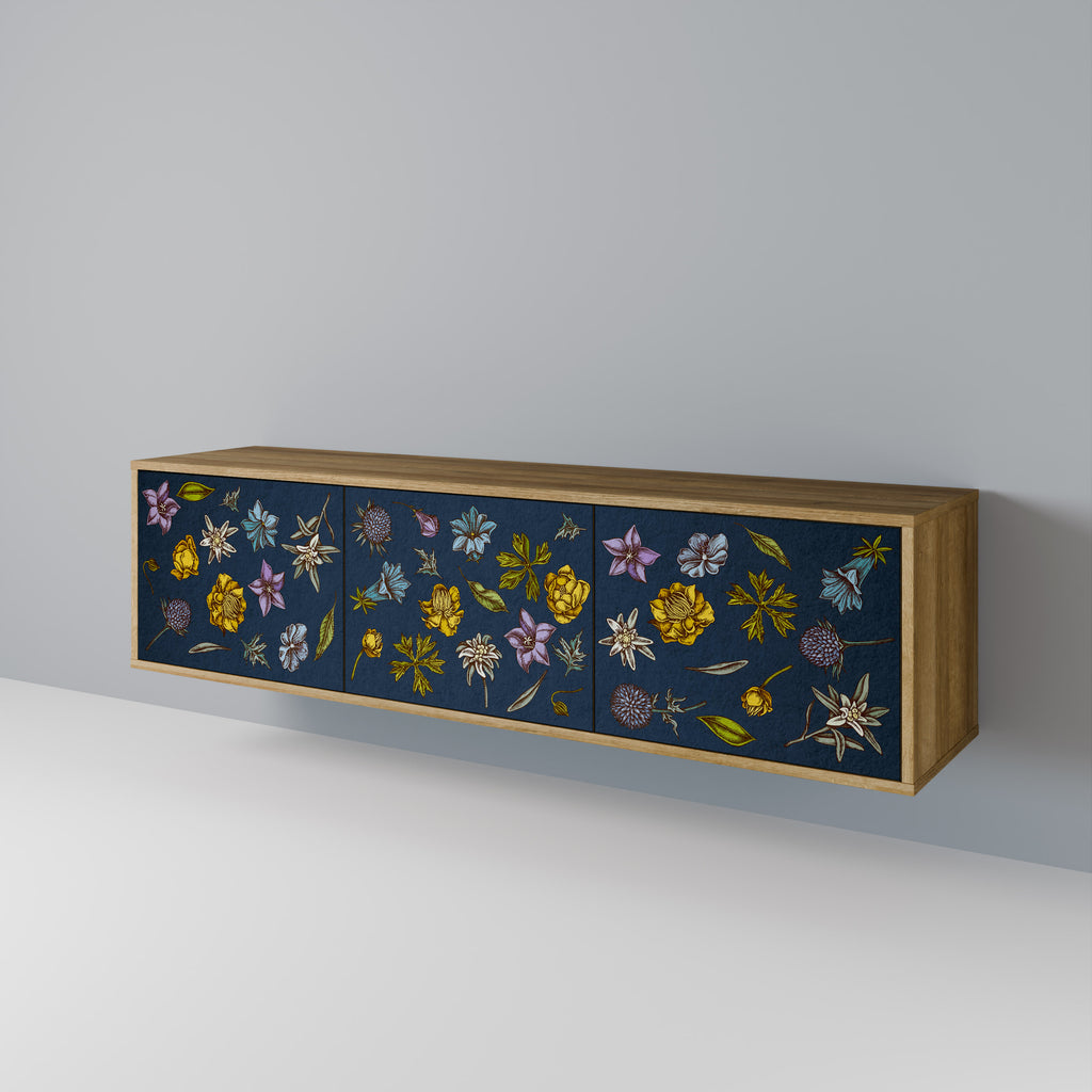 Mueble de TV de 3 puertas con efecto roble FLORES EN AZUL MARINO
