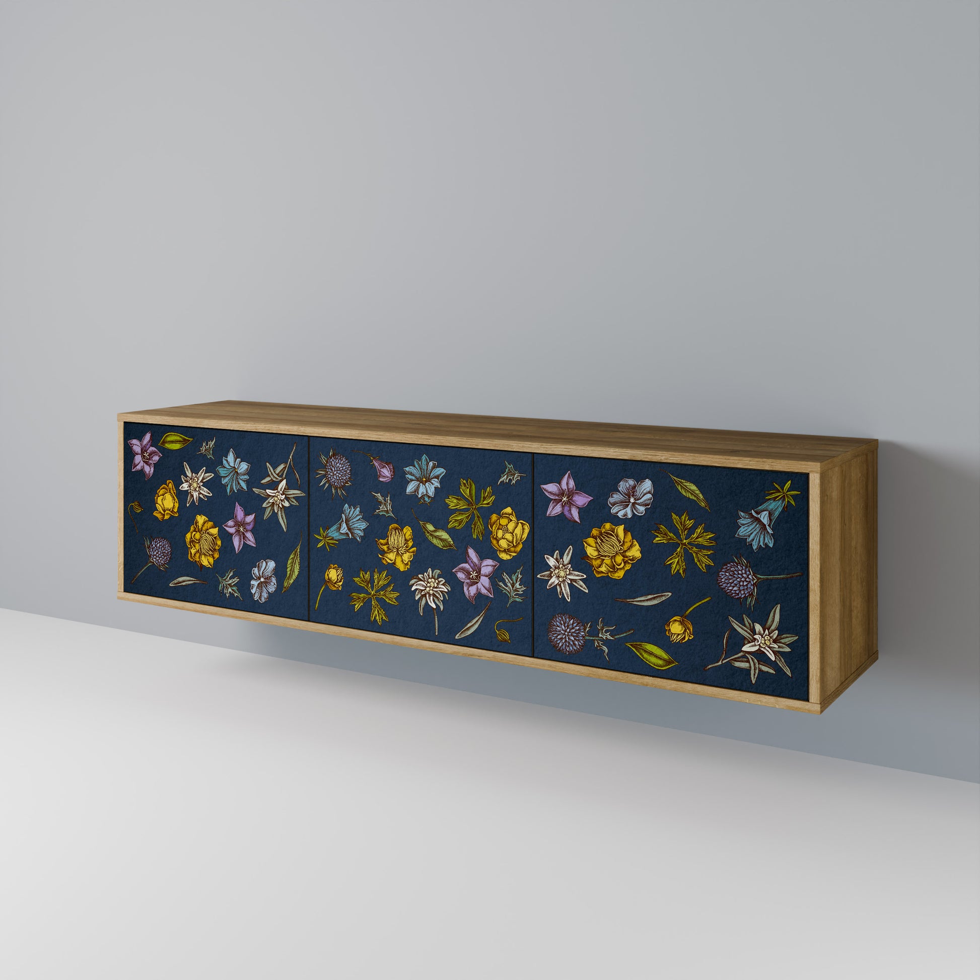 FLOWERS ON NAVY BLUE 3-Door TV Stand in Oak Effect