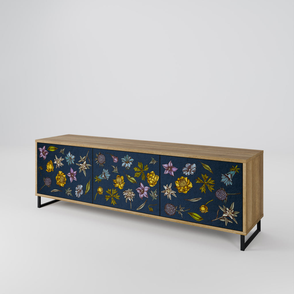 Mueble de TV de 3 puertas con efecto roble FLORES EN AZUL MARINO