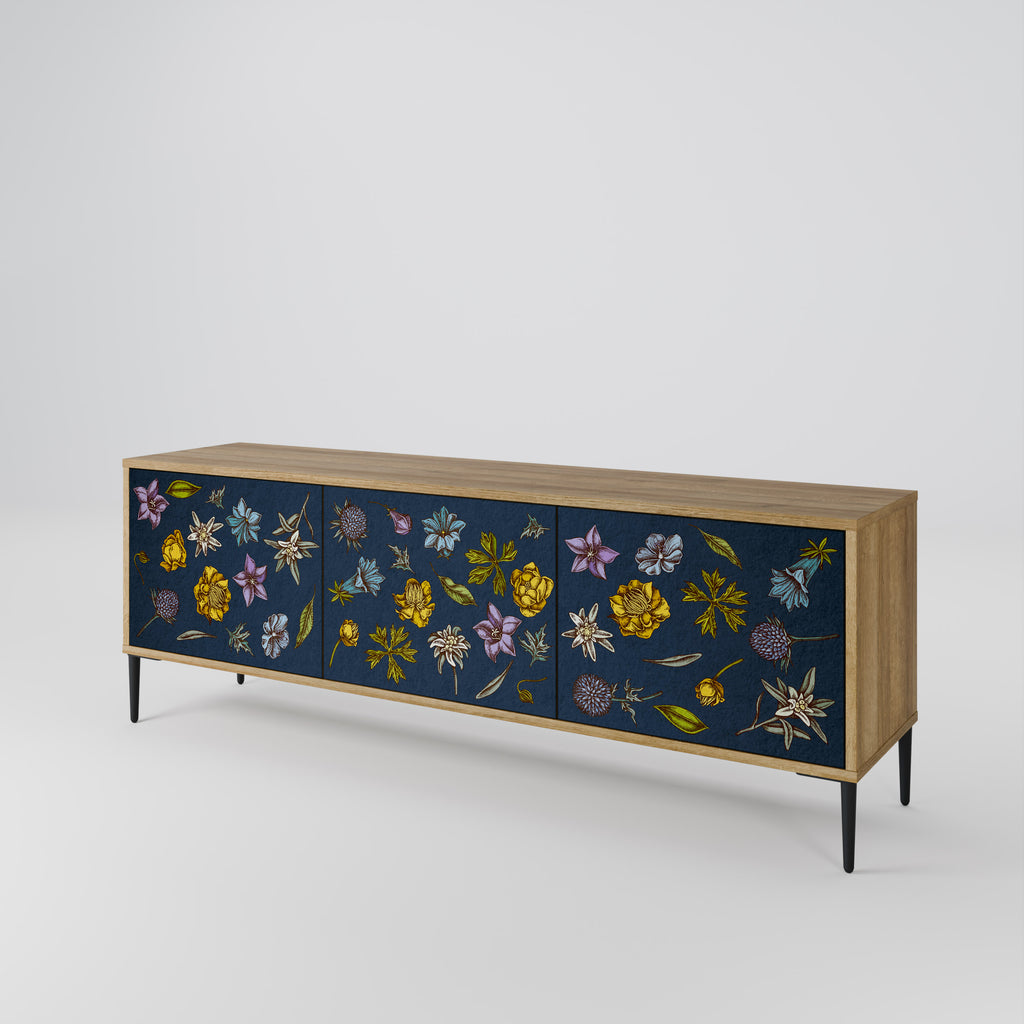 Mueble de TV de 3 puertas con efecto roble FLORES EN AZUL MARINO