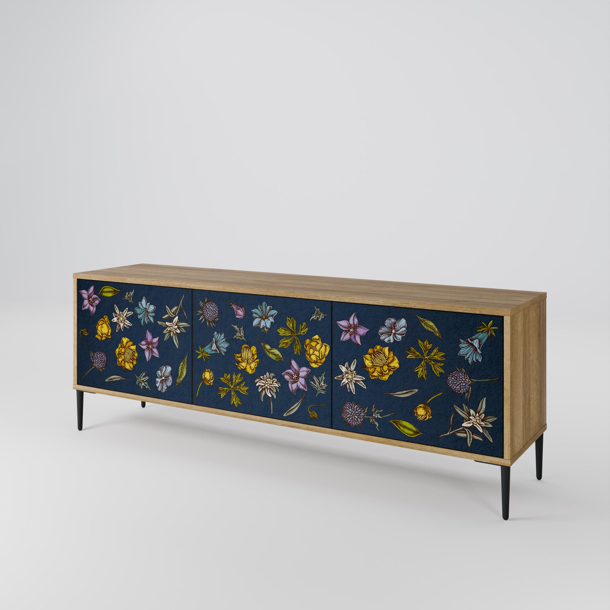 FLOWERS ON NAVY BLUE 3-Door TV Stand in Oak Effect