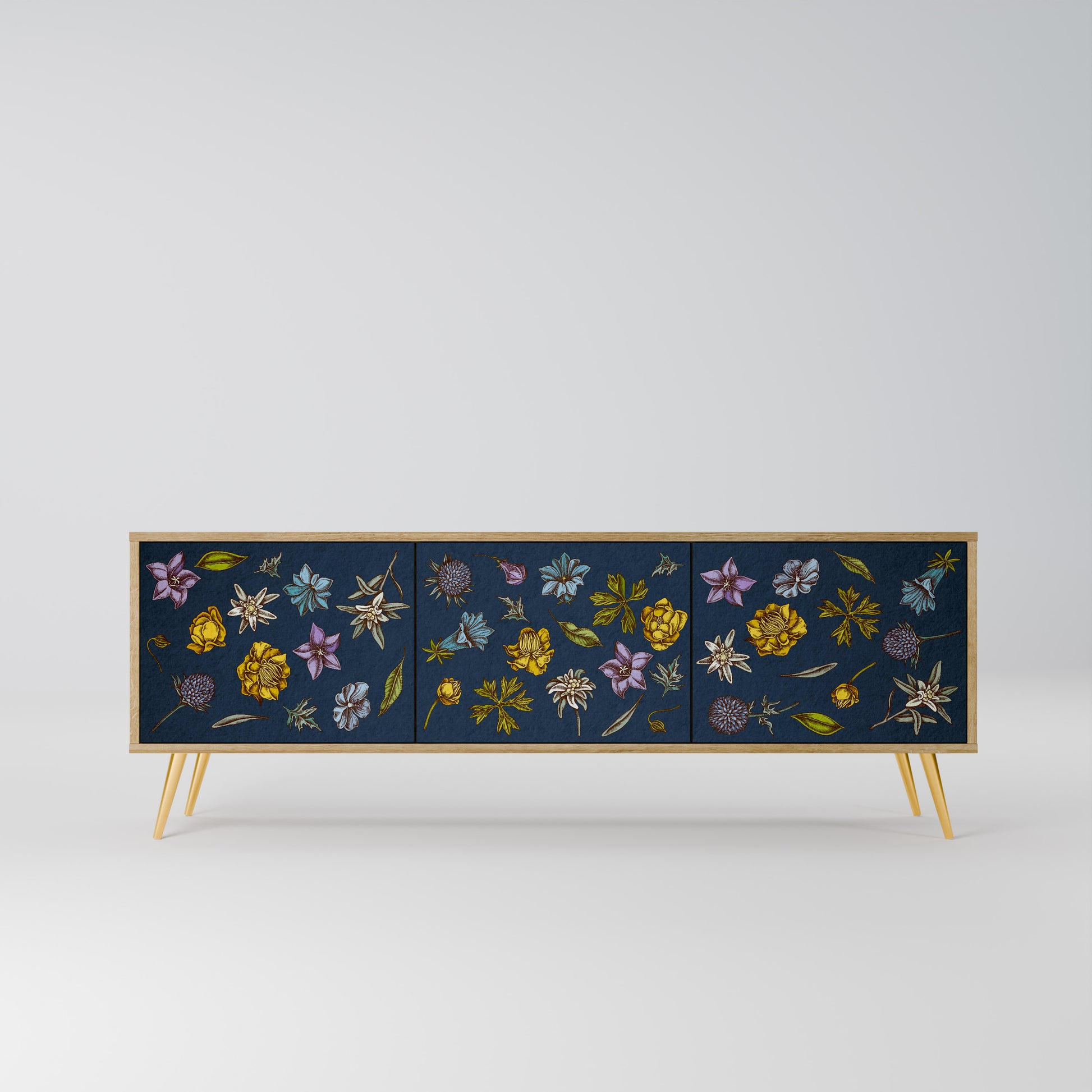 FLOWERS ON NAVY BLUE 3-Door TV Stand in Oak Effect