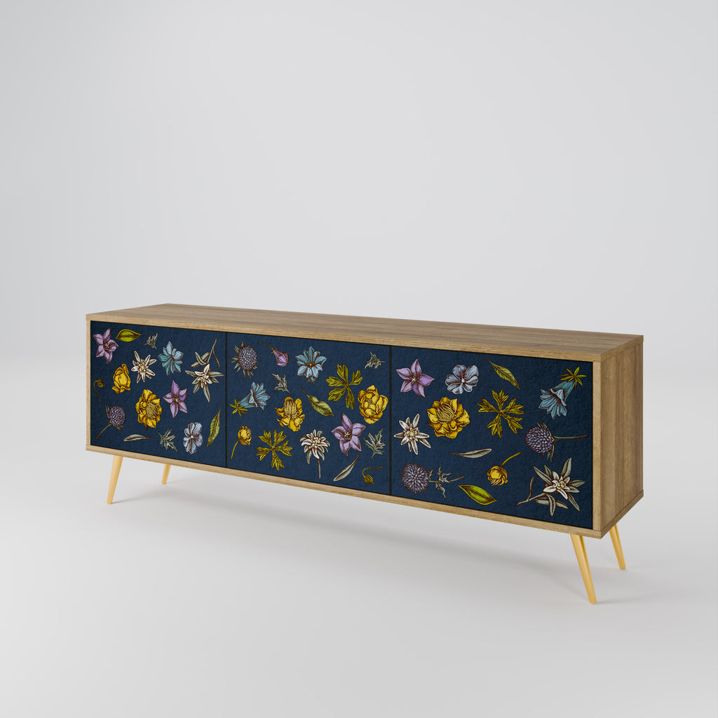 Mueble de TV de 3 puertas con efecto roble FLORES EN AZUL MARINO