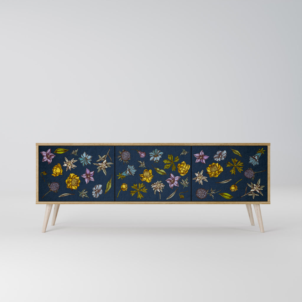 Mueble de TV de 3 puertas con efecto roble FLORES EN AZUL MARINO