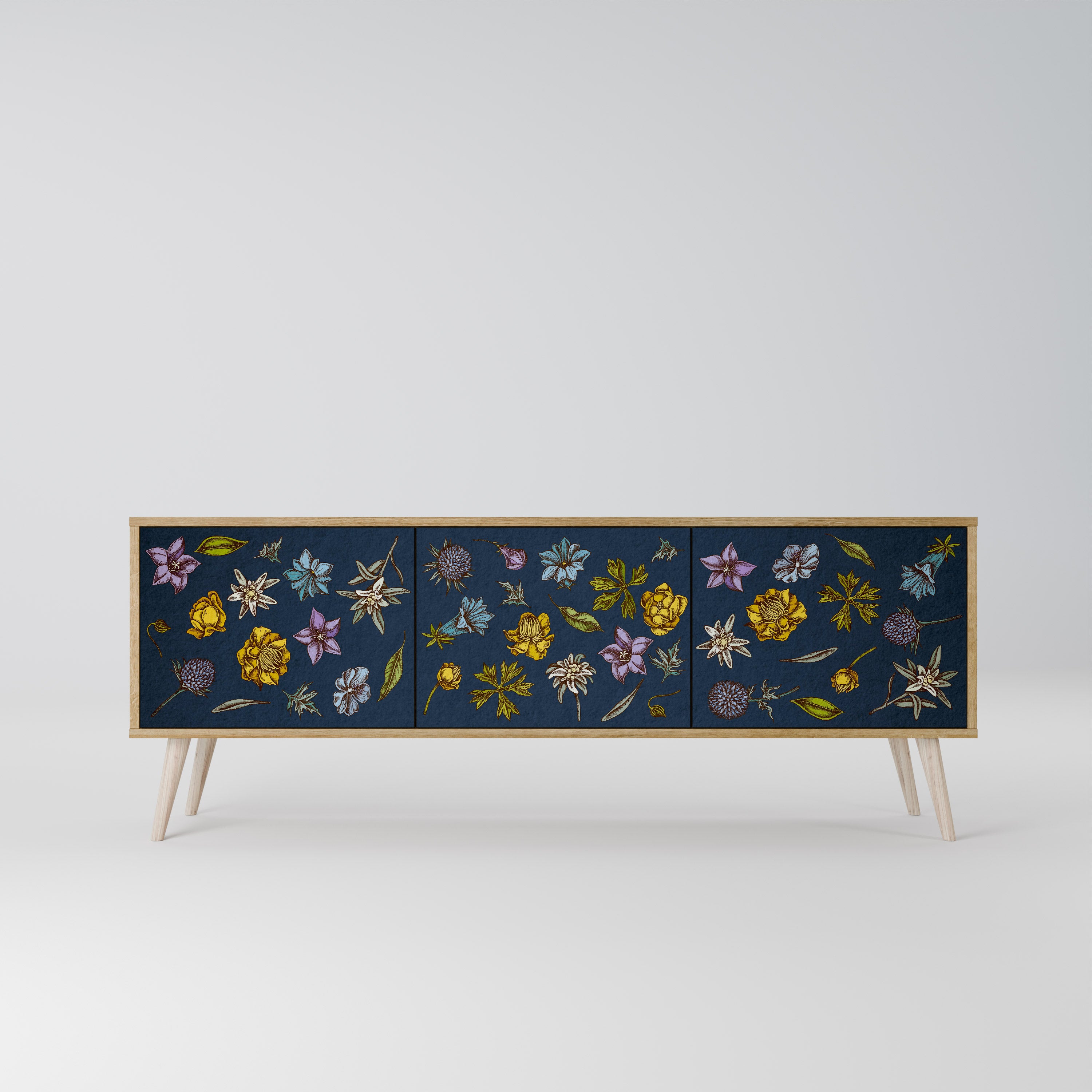 FLOWERS ON NAVY BLUE 3-Door TV Stand in Oak Effect