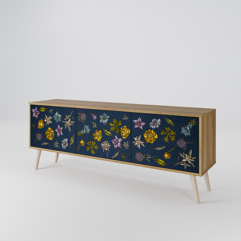 Mueble de TV de 3 puertas con efecto roble FLORES EN AZUL MARINO