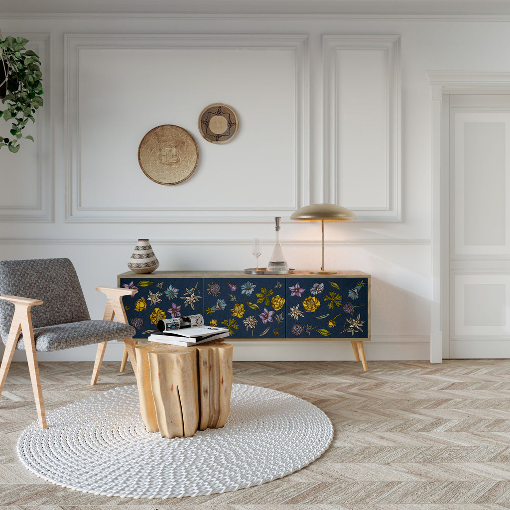 Mueble de TV de 3 puertas con efecto roble FLORES EN AZUL MARINO