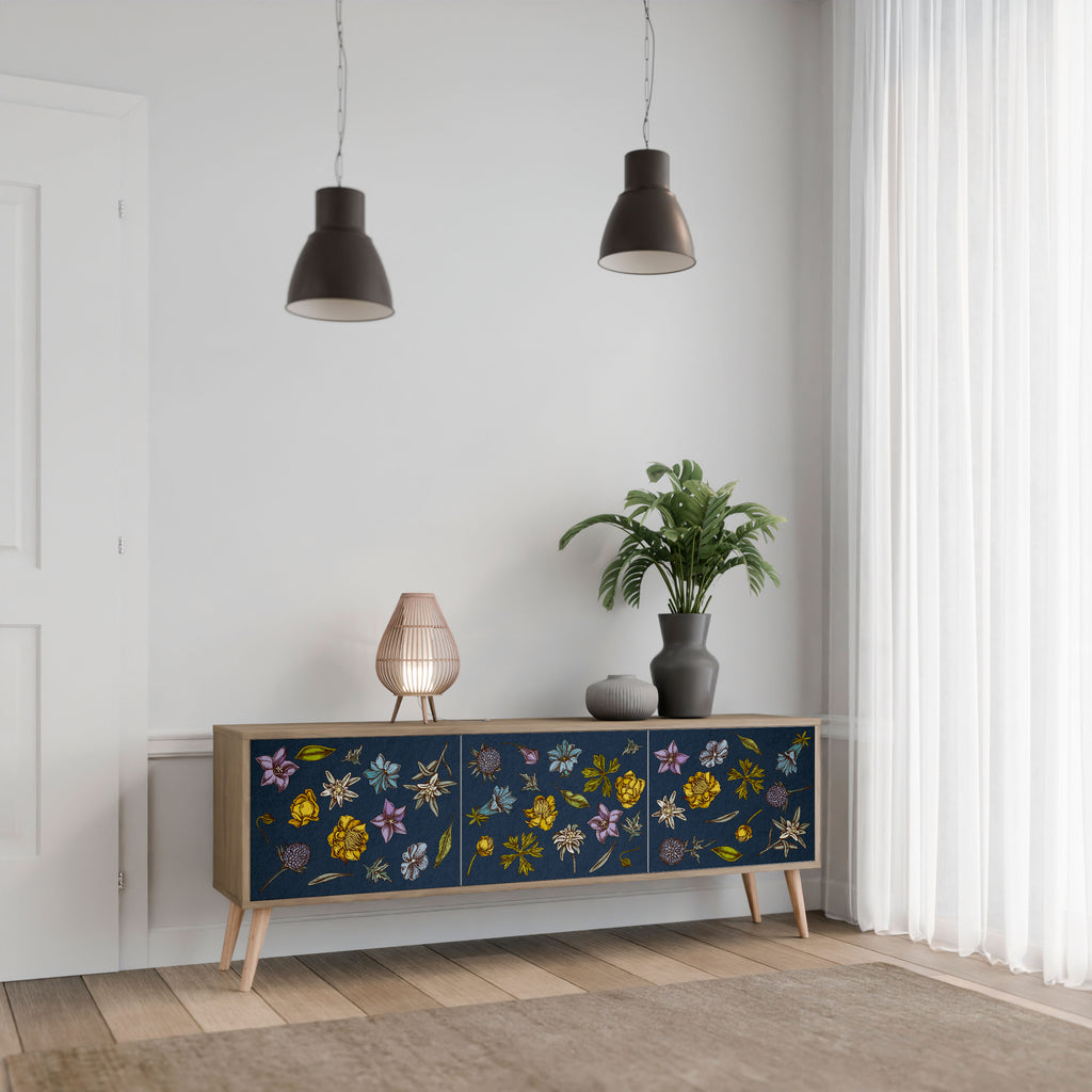 Mueble de TV de 3 puertas con efecto roble FLORES EN AZUL MARINO