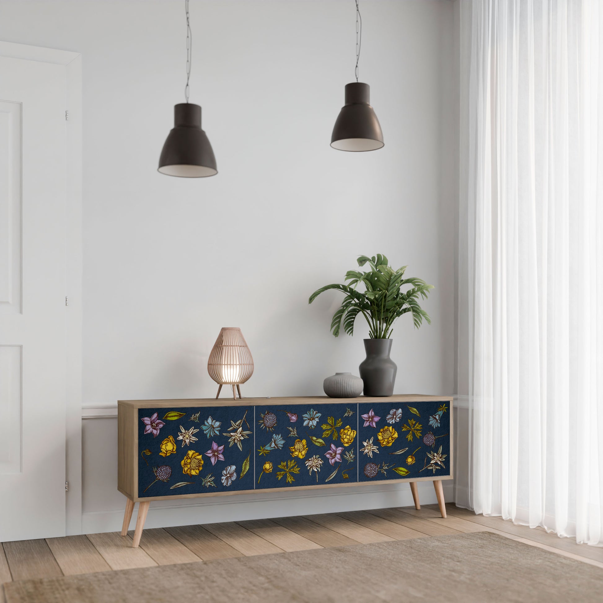 FLOWERS ON NAVY BLUE 3-Door TV Stand in Oak Effect