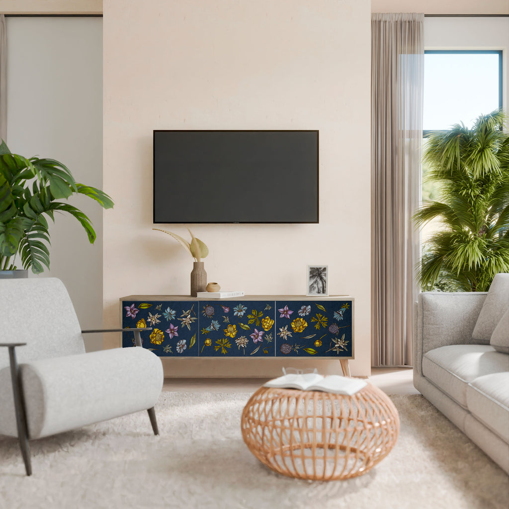 Mueble de TV de 3 puertas con efecto roble FLORES EN AZUL MARINO