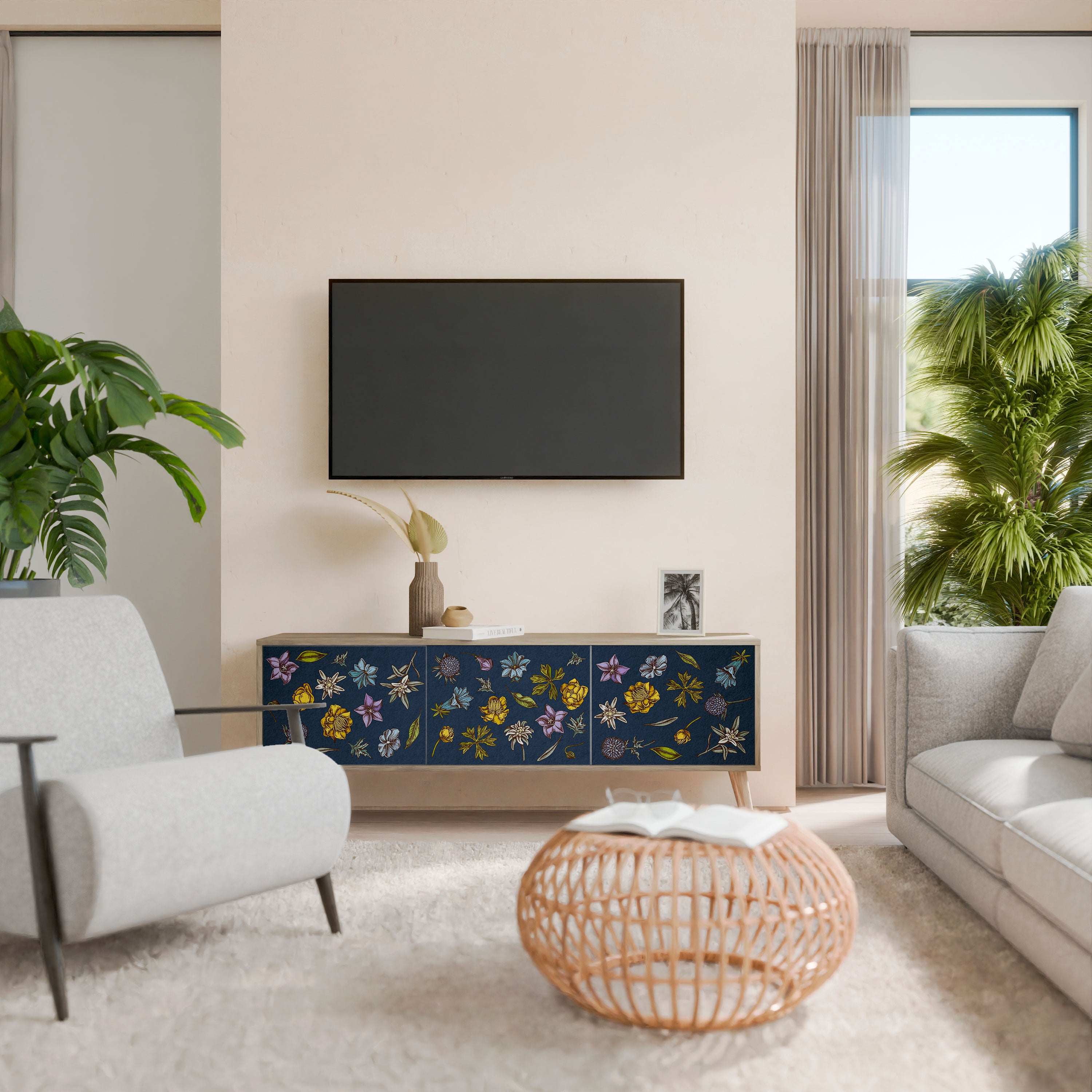 FLOWERS ON NAVY BLUE 3-Door TV Stand in Oak Effect
