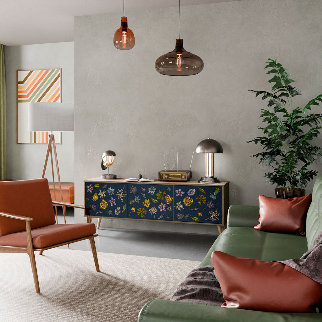 Mueble de TV de 3 puertas con efecto roble FLORES EN AZUL MARINO
