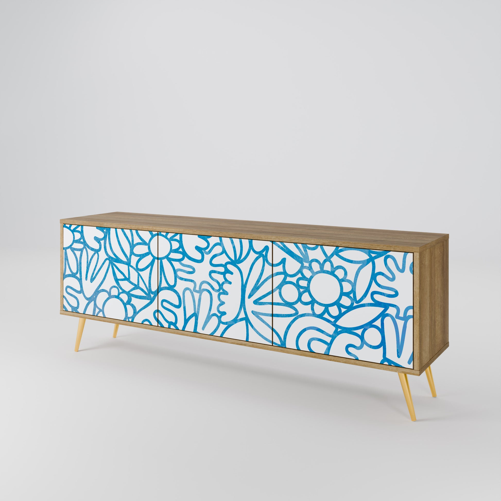 BLOOMY MORNING 3-Door TV Stand in Oak Effect