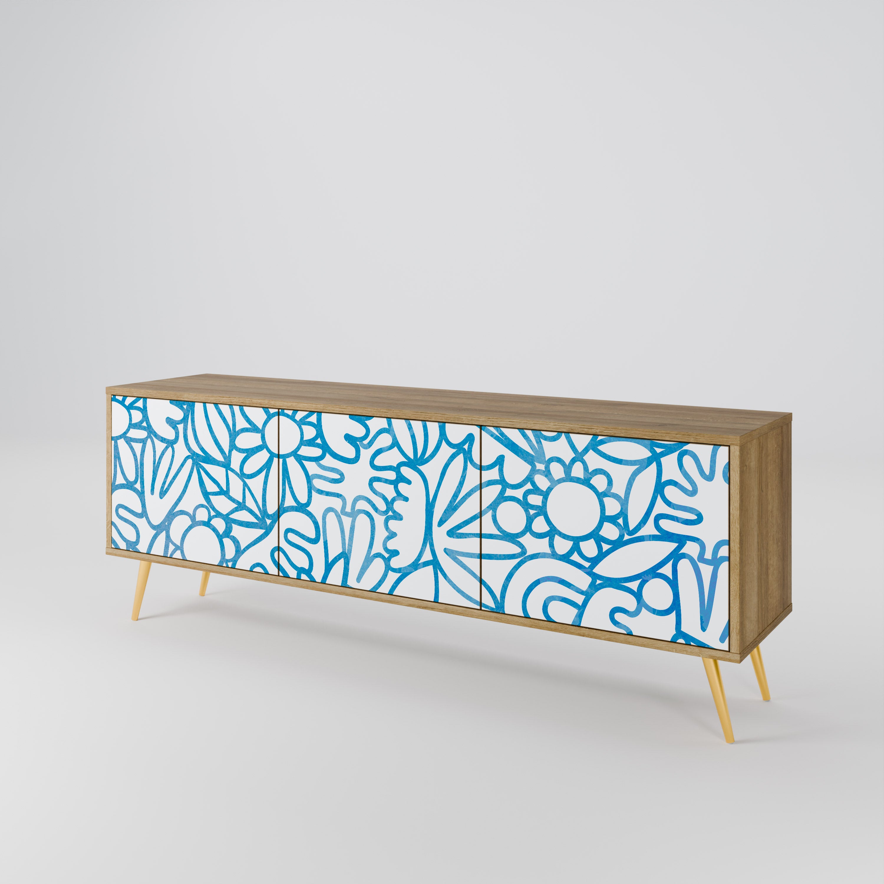 BLOOMY MORNING 3-Door TV Stand in Oak Effect