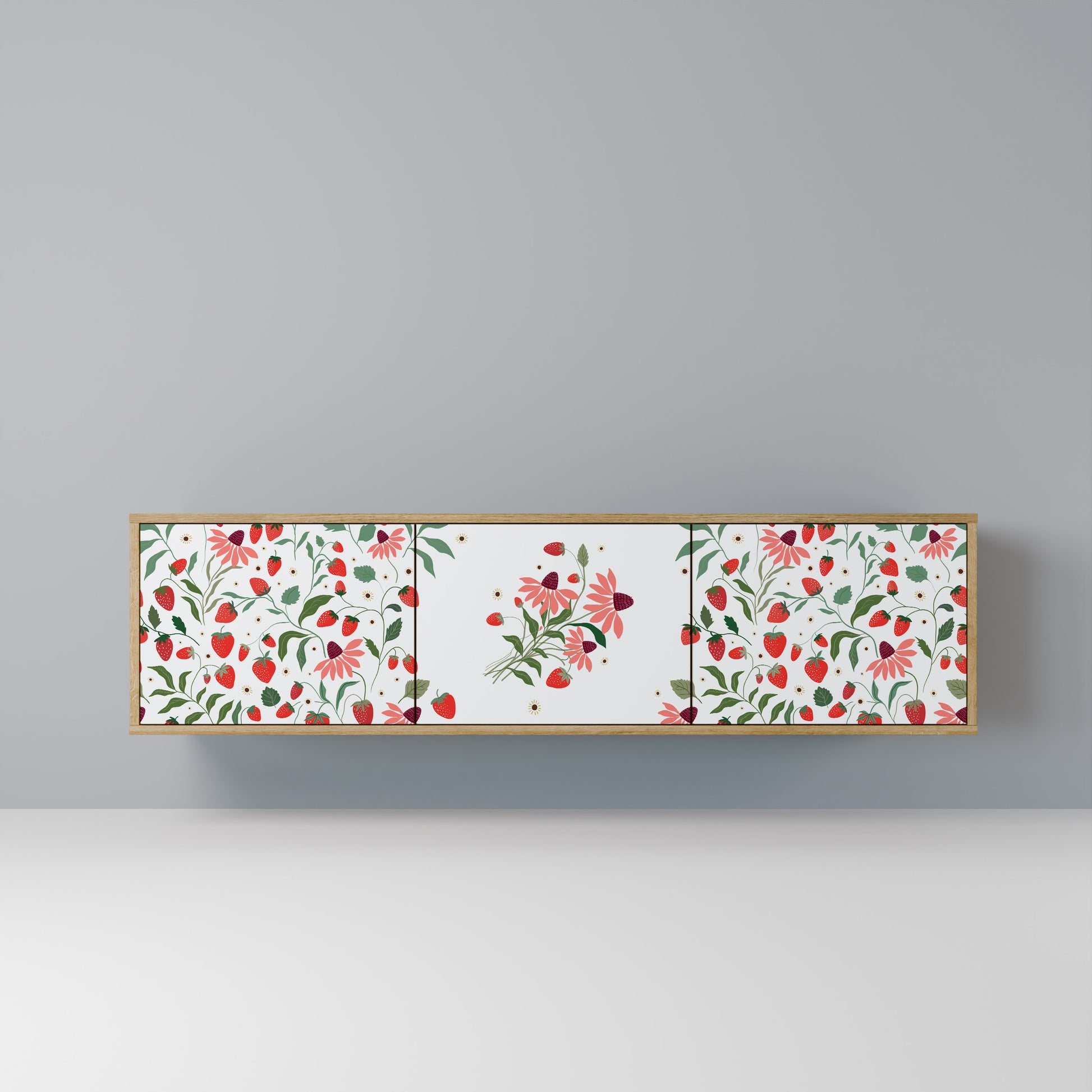 FLOWERS AND STRAWBERRIES 3-Door TV Stand in Oak Effect