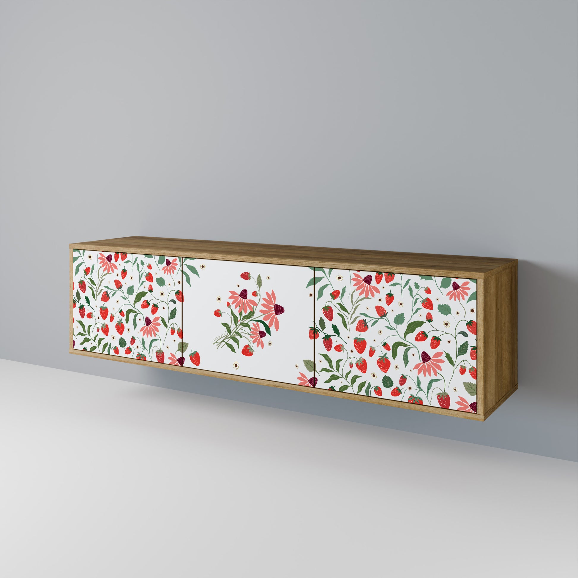 FLOWERS AND STRAWBERRIES 3-Door TV Stand in Oak Effect