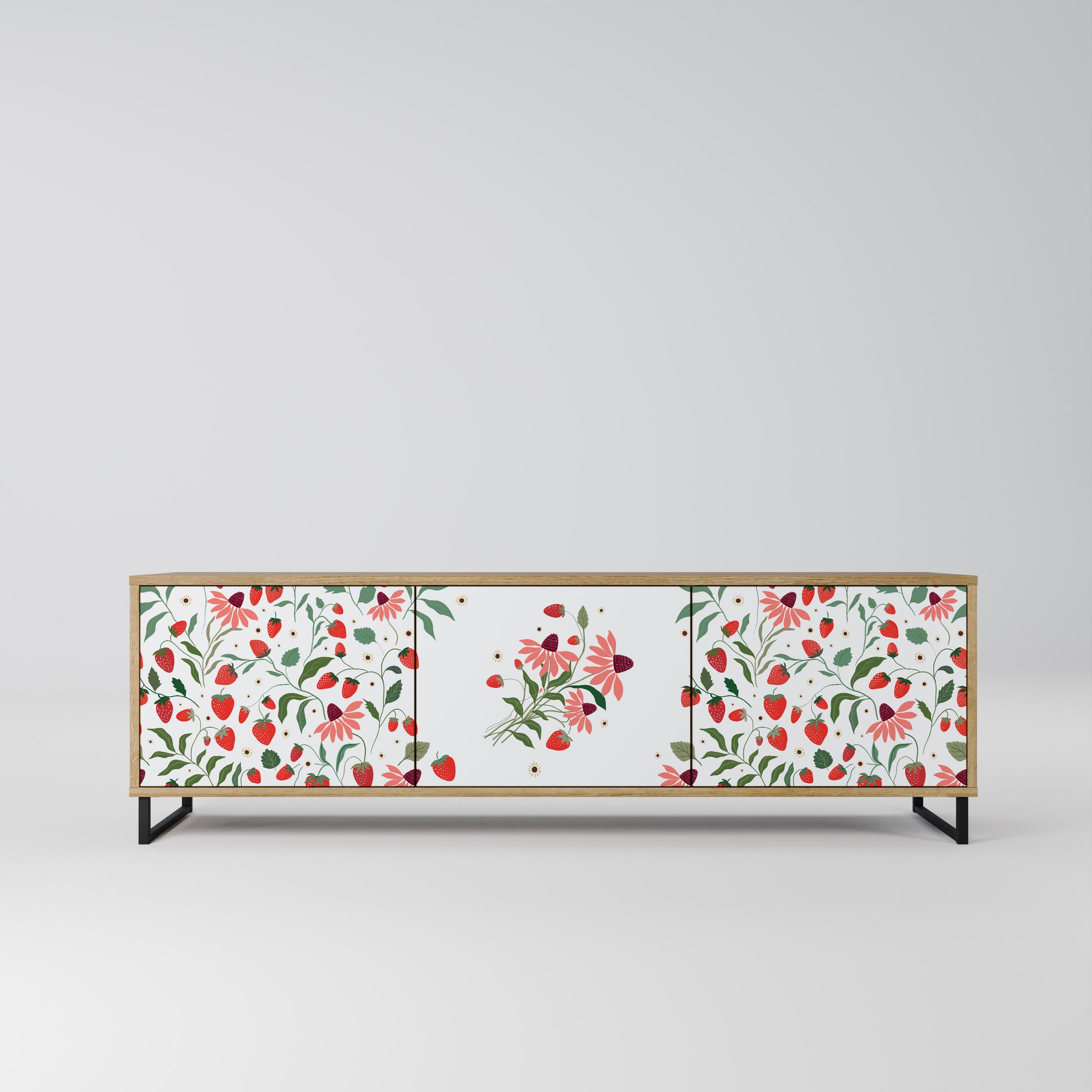 FLOWERS AND STRAWBERRIES 3-Door TV Stand in Oak Effect