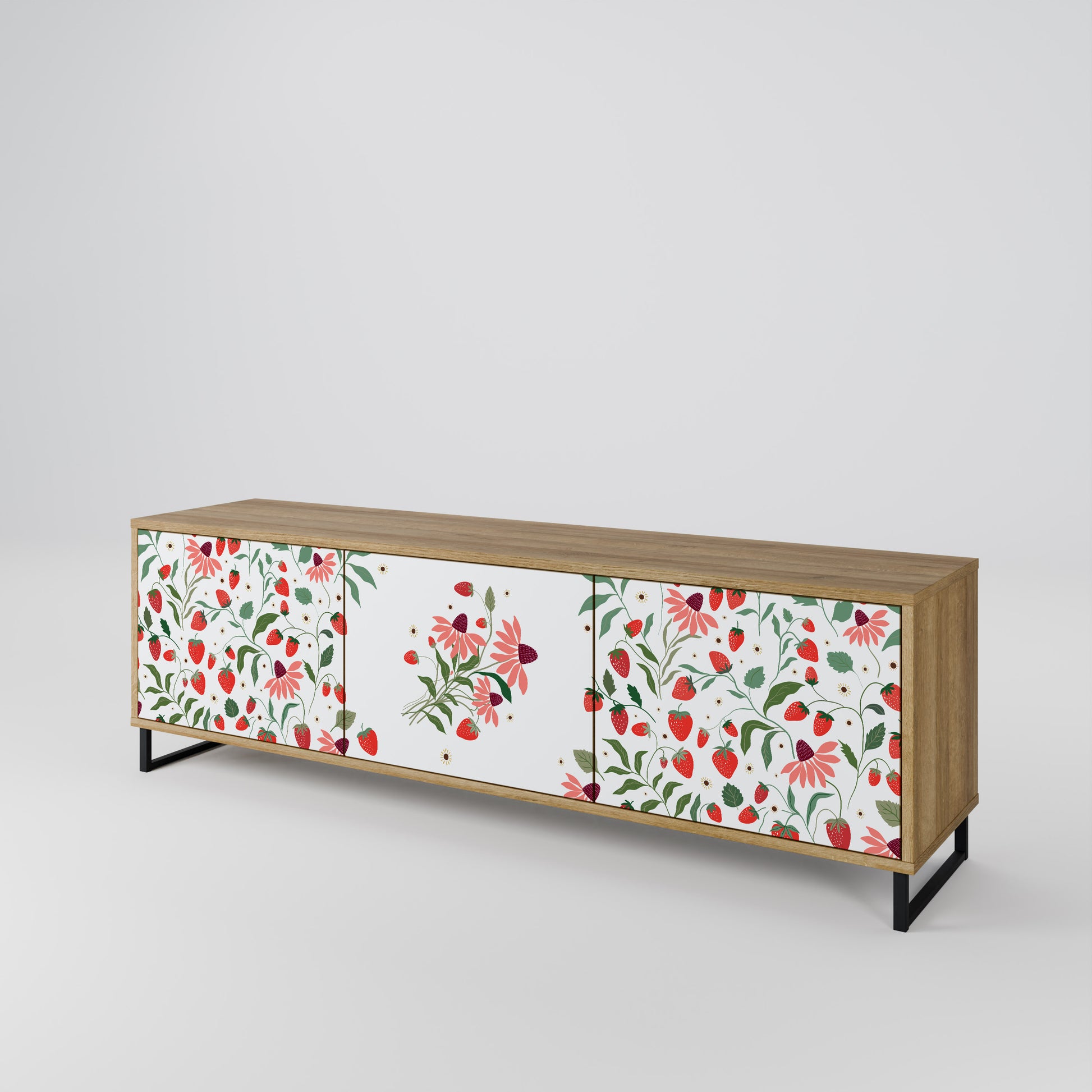FLOWERS AND STRAWBERRIES 3-Door TV Stand in Oak Effect