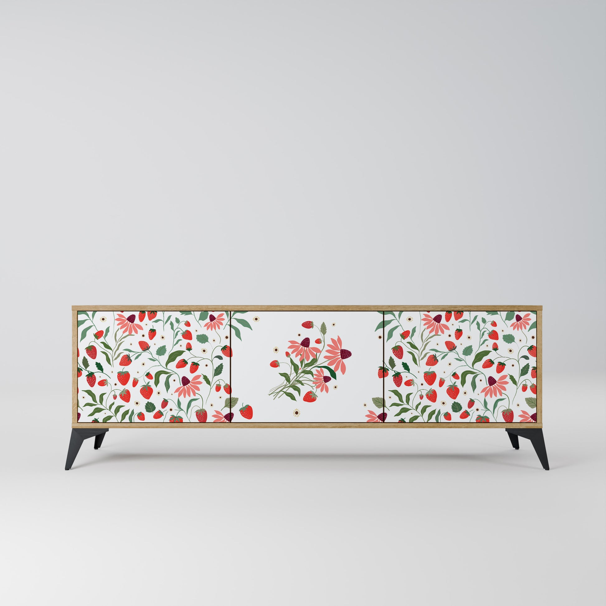 FLOWERS AND STRAWBERRIES 3-Door TV Stand in Oak Effect