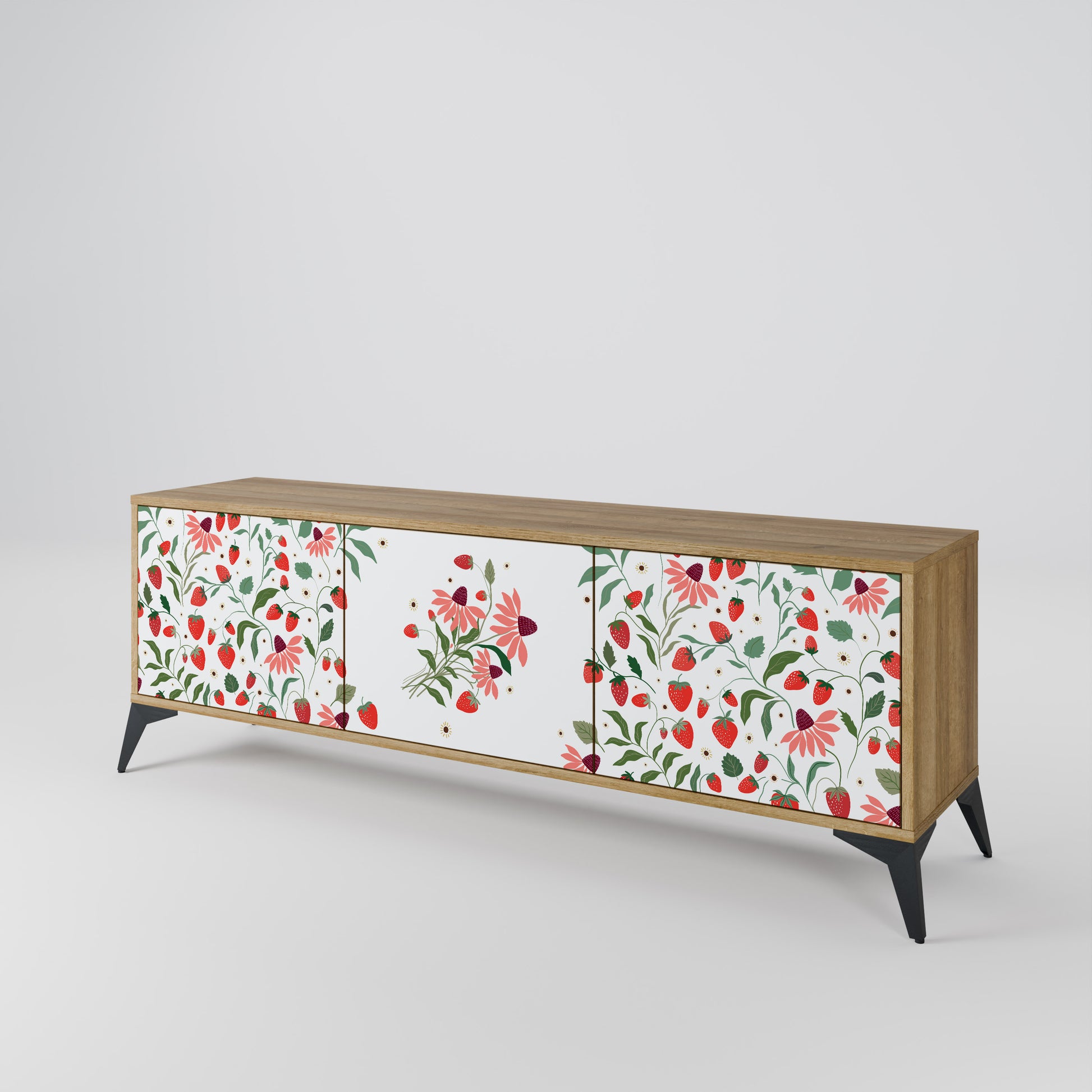 FLOWERS AND STRAWBERRIES 3-Door TV Stand in Oak Effect