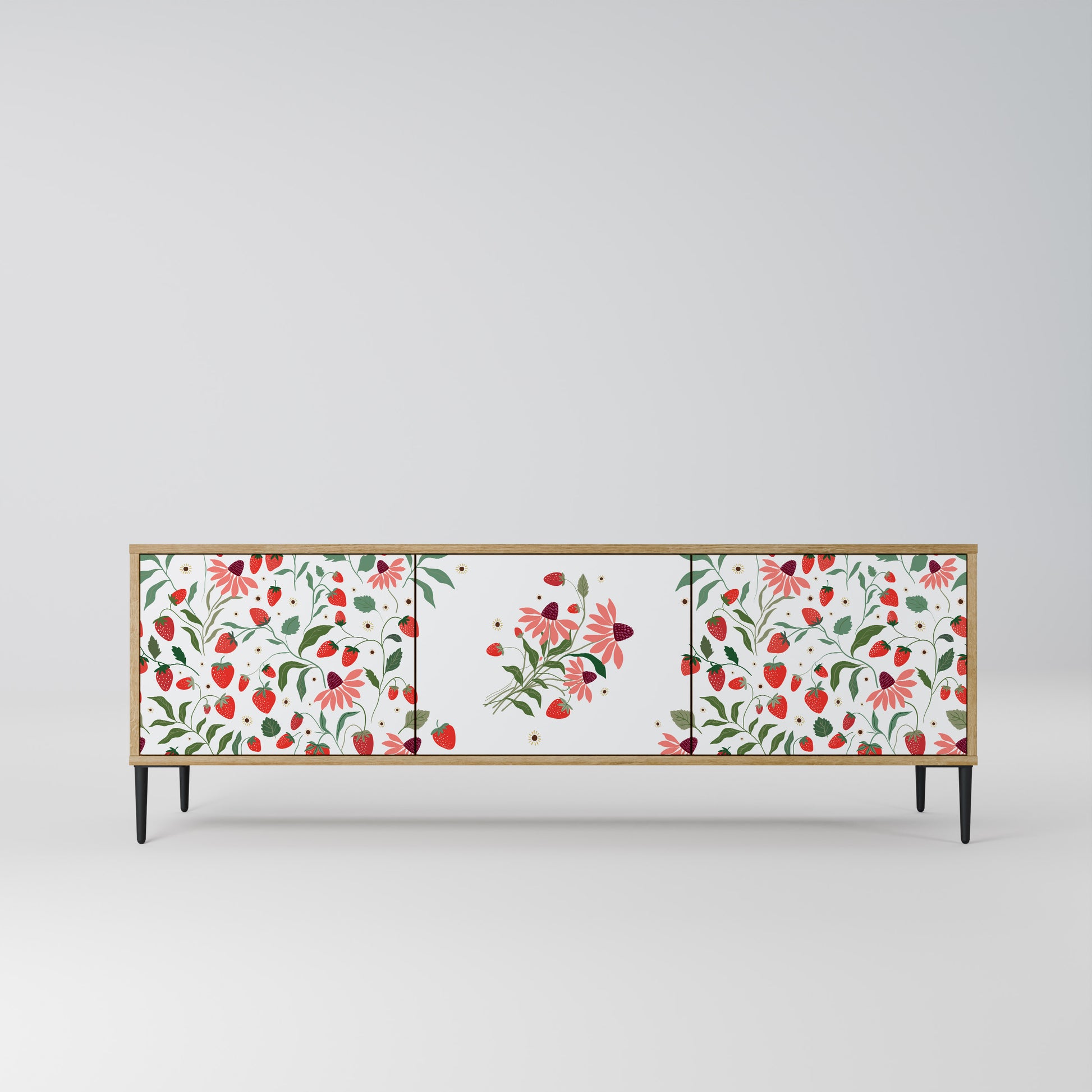 FLOWERS AND STRAWBERRIES 3-Door TV Stand in Oak Effect