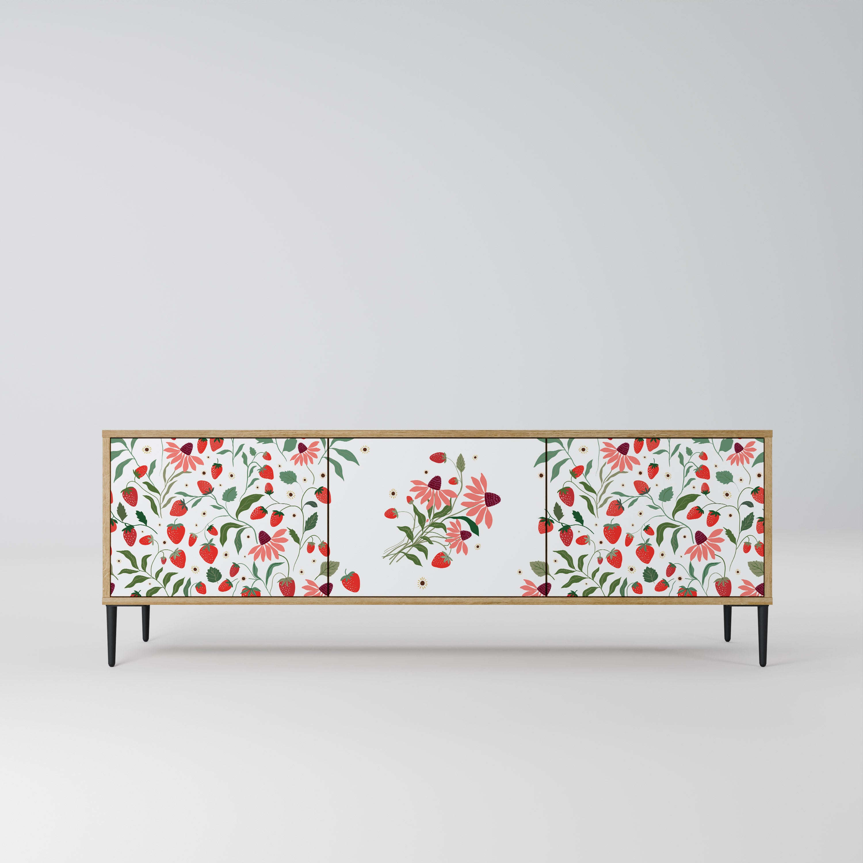 FLOWERS AND STRAWBERRIES 3-Door TV Stand in Oak Effect