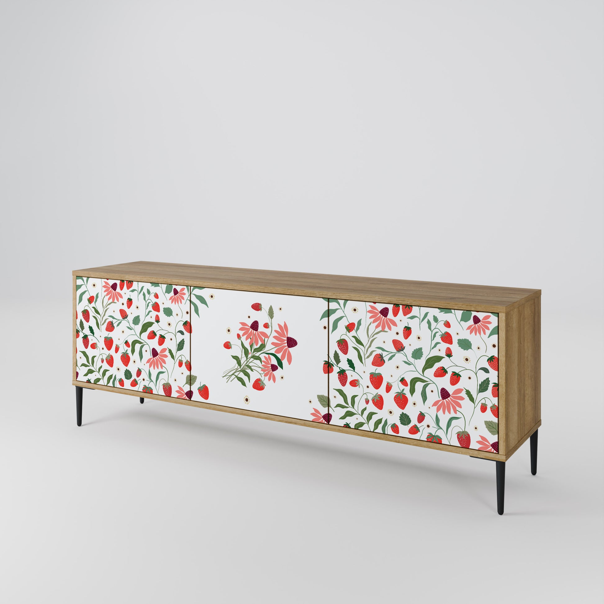 FLOWERS AND STRAWBERRIES 3-Door TV Stand in Oak Effect