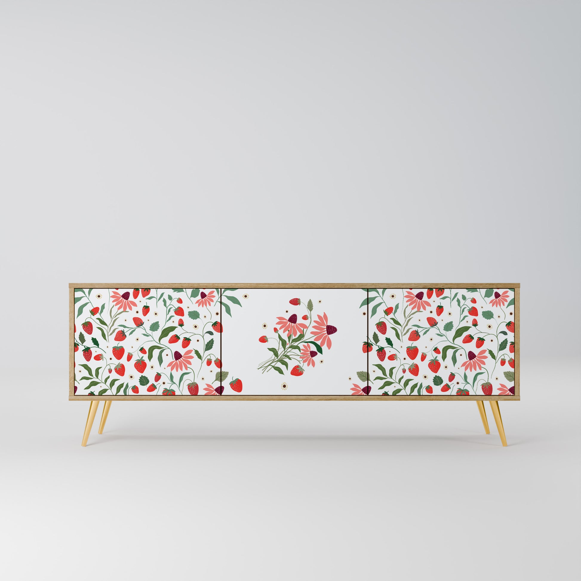 FLOWERS AND STRAWBERRIES 3-Door TV Stand in Oak Effect