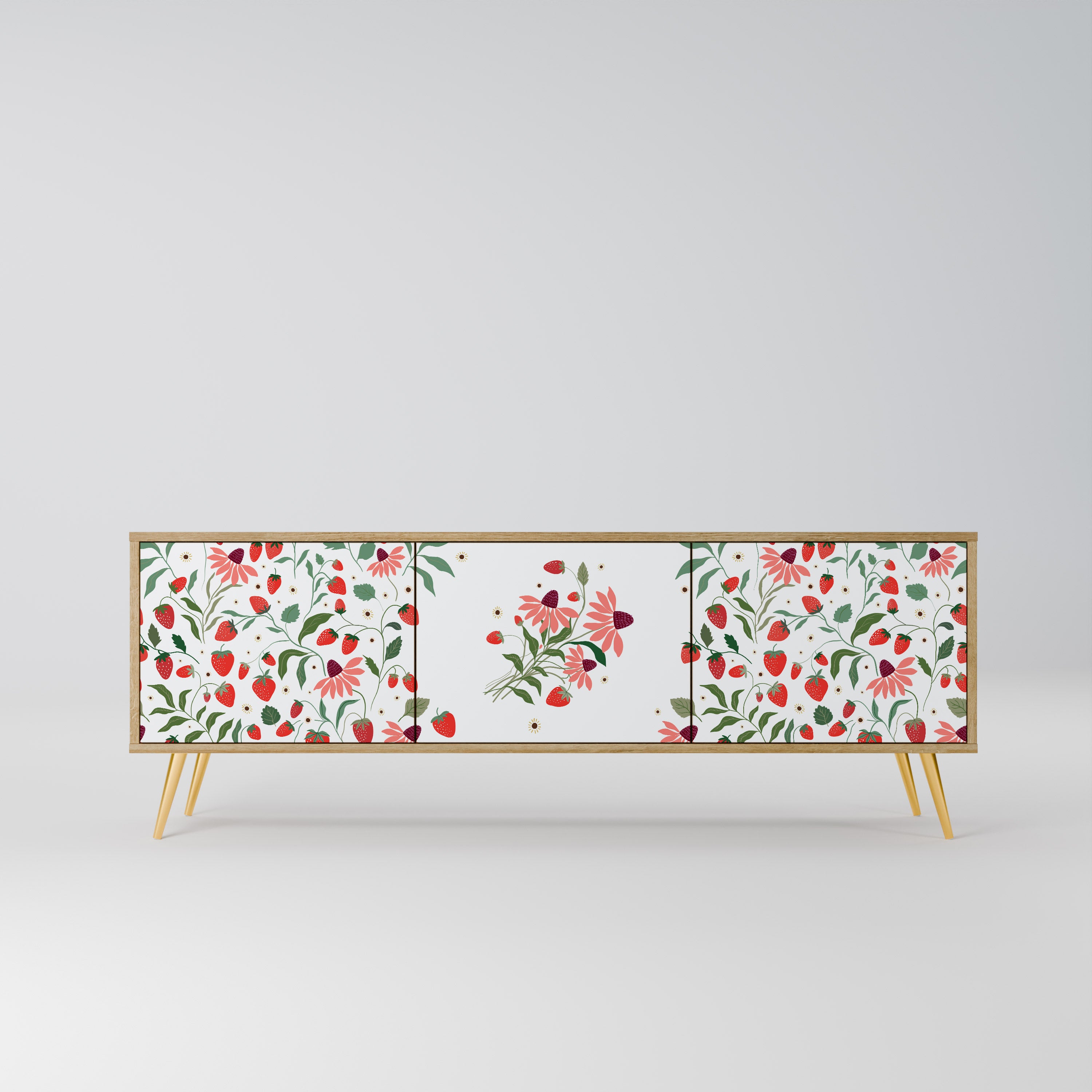 FLOWERS AND STRAWBERRIES 3-Door TV Stand in Oak Effect