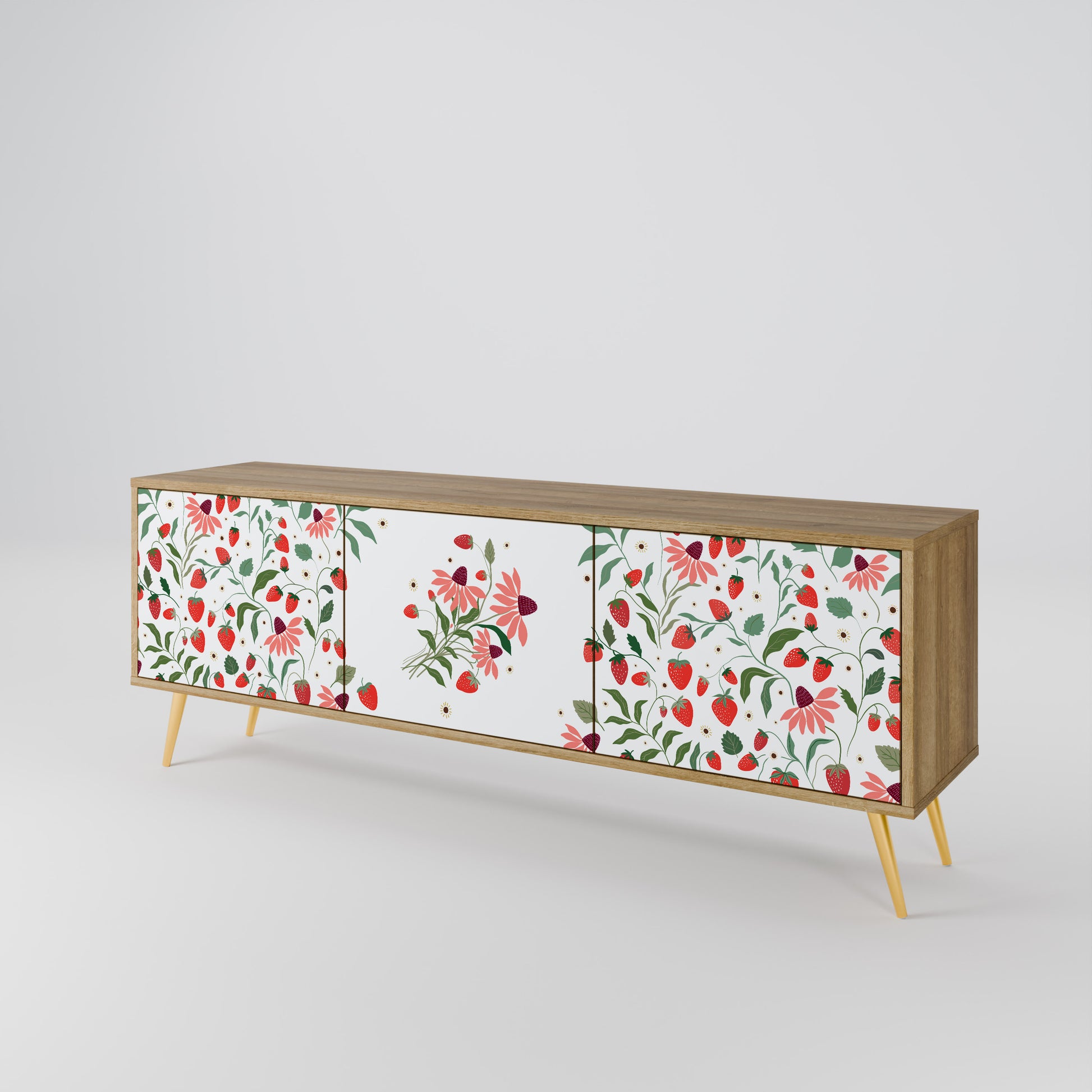 FLOWERS AND STRAWBERRIES 3-Door TV Stand in Oak Effect