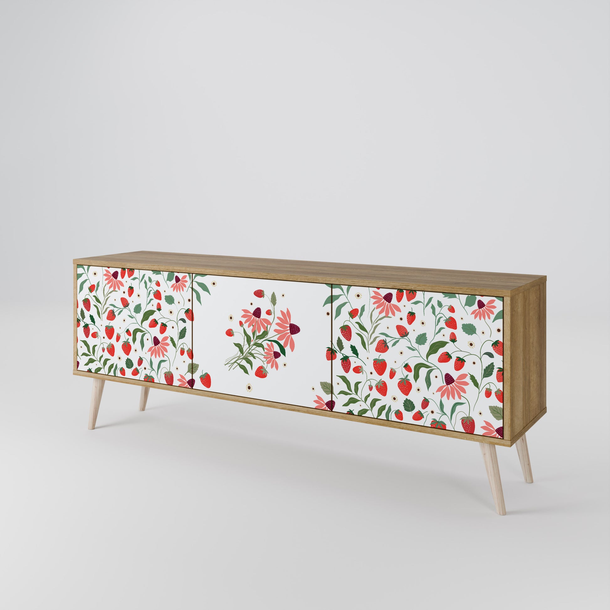 FLOWERS AND STRAWBERRIES 3-Door TV Stand in Oak Effect