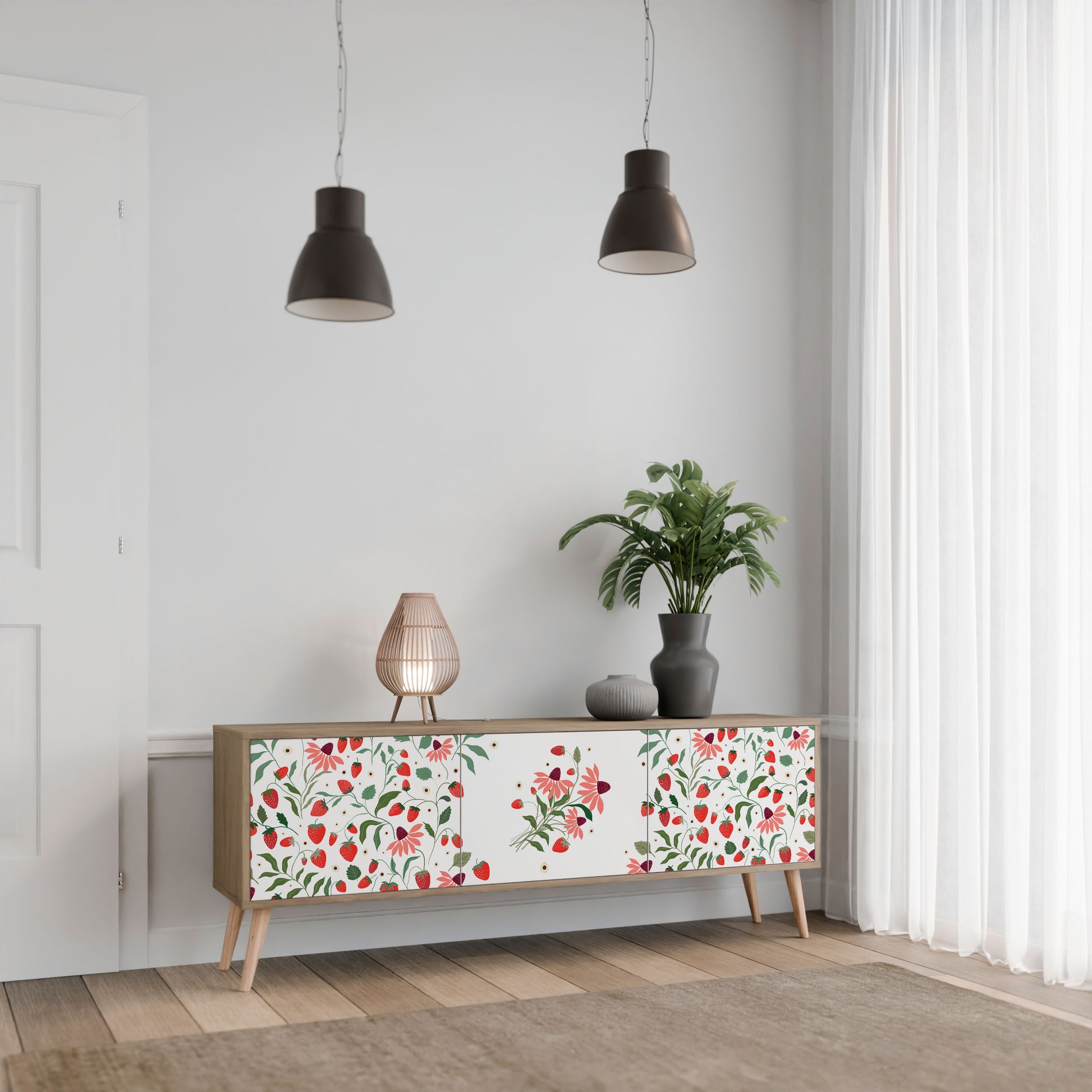 FLOWERS AND STRAWBERRIES 3-Door TV Stand in Oak Effect
